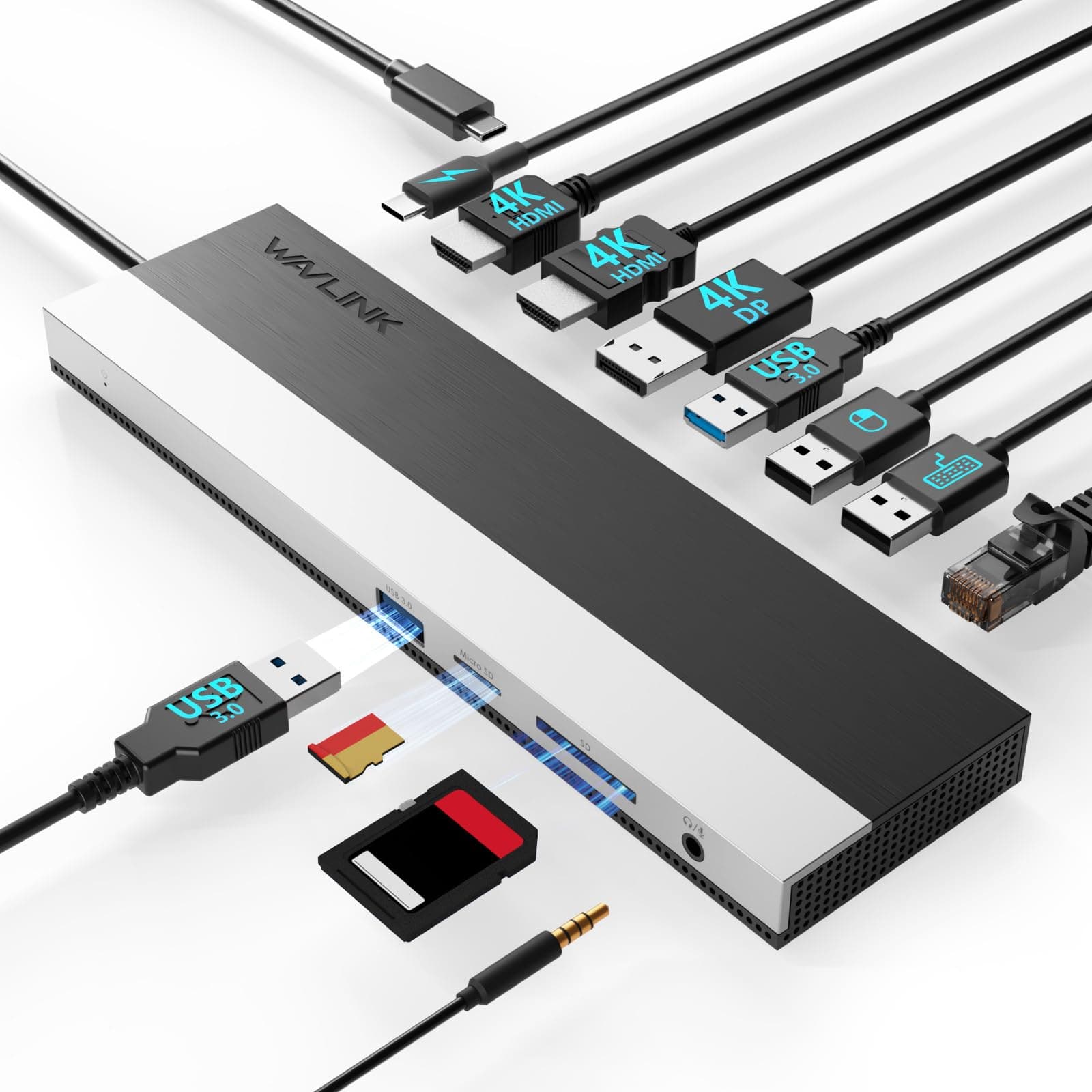 WAVLINK Estación de Carga USB C para 3 monitores, Docking Station con Dual HDMI, DP, 100 W PD, USB3.0 y 2.0, RJ45, SD/TF, Audio/Micrófono, Compatible Solo con Windows Computer