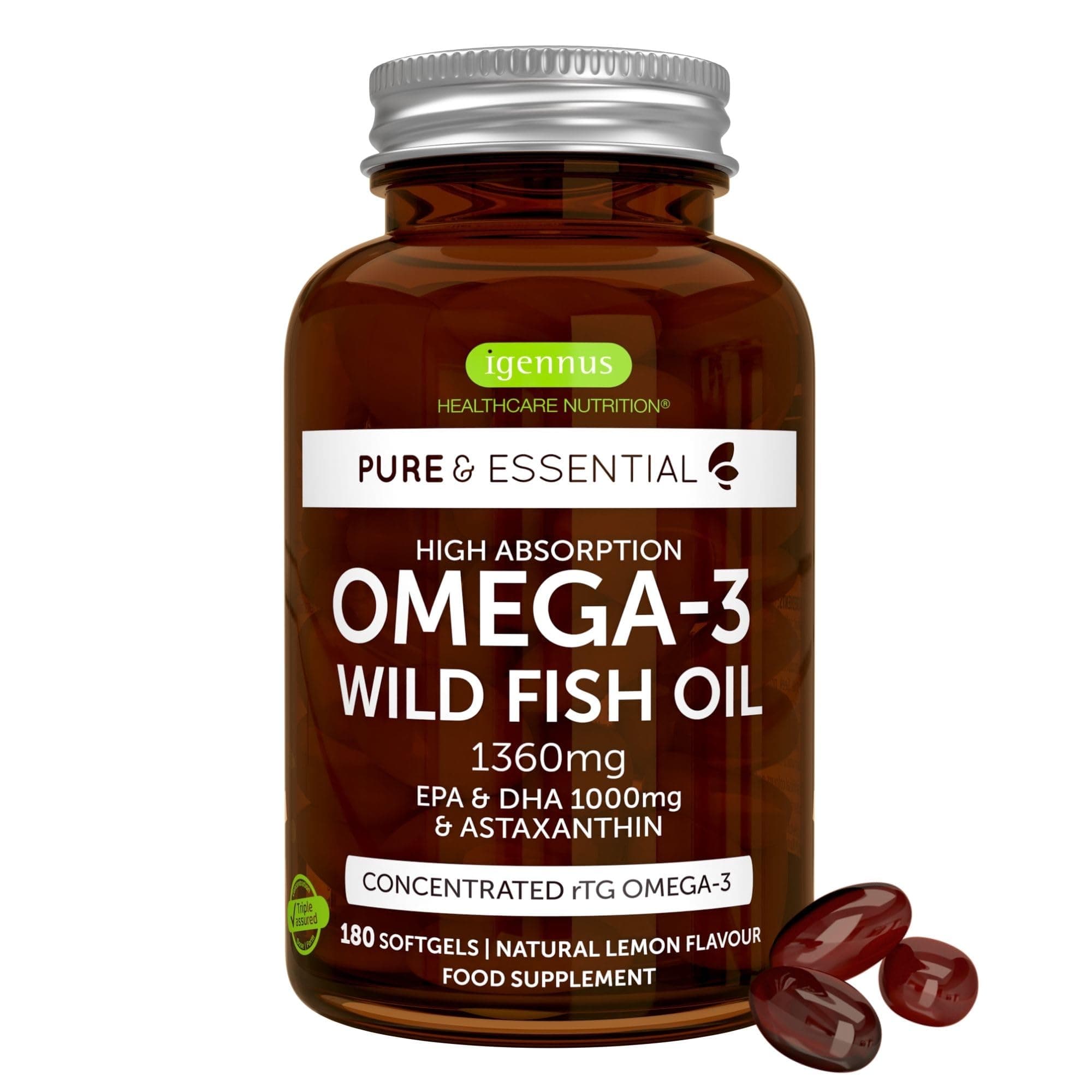 Igennus Omega-3 Huile de poisson sauvage et astaxanthine, triglycérides rTG de qualité supérieure, 180 capsules, certifié ultra pur IFOS, acides gras oméga-3 EPA et DHA 1360 mg