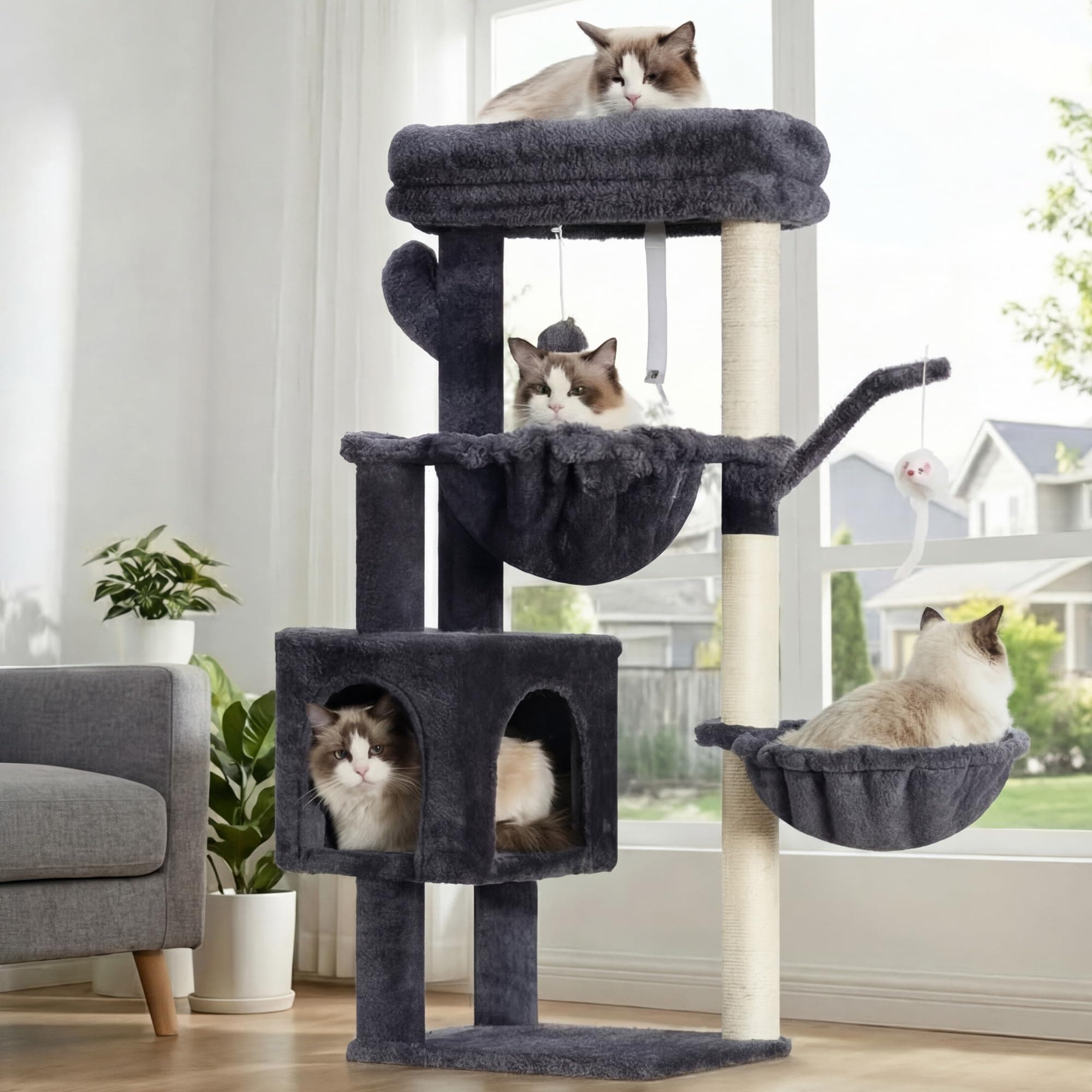 Heybly Arbol Rascador para Gatos, Arbol Gato de 100 cm de Altura con Plataforma Grande, Cueva, 2 Hamacas, Juguetes y Árbol para Trepar con Rascador, Gris Ahumado HCT006SG