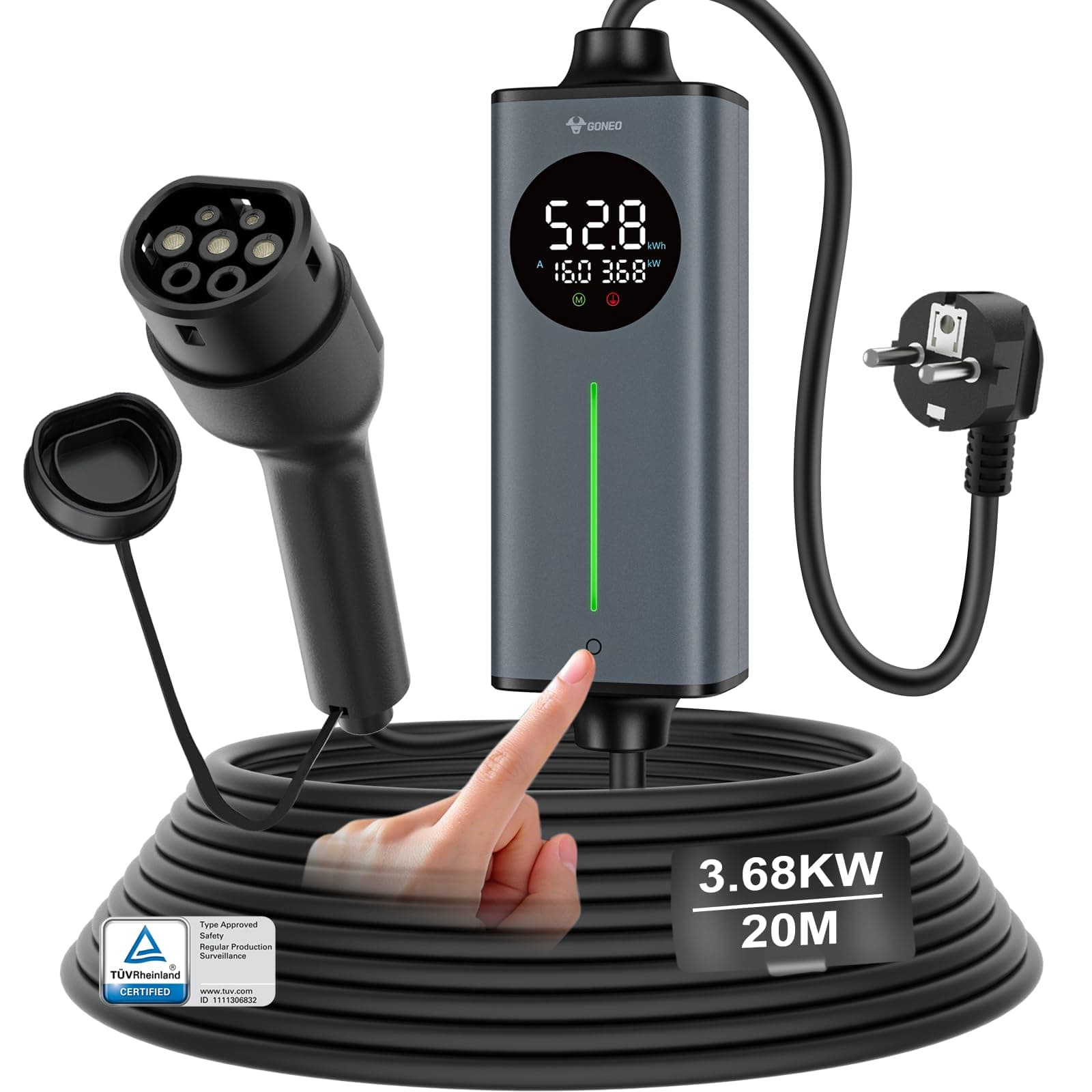 GONEO Cargador vehiculo electrico Tipo 2 3,68kw 16A schuko Tipo 2 20M monofásico | Sensor de Temperatura y Tierra detección,AC 30mA+DC 6mA Protección,Tiempo y Corriente Ajustables,Cargador de casa VE