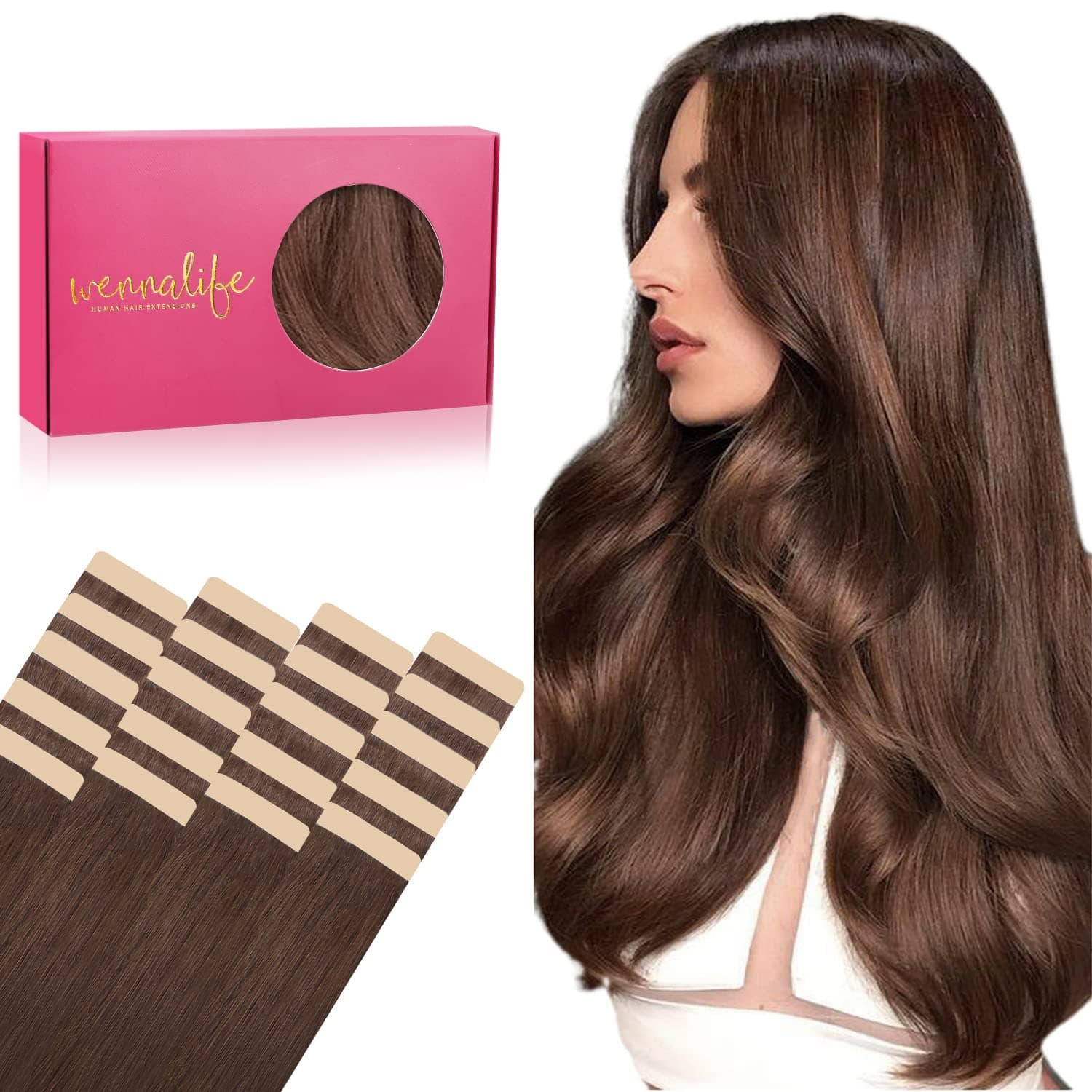 WENNALIFE Extension Capelli Veri Biadesivo, 20pz 35cm 50g Marrone Cioccolato Extension Biadesive Capelli Veri Lisci Remy Tape in Hair Extensions Capelli Setosi