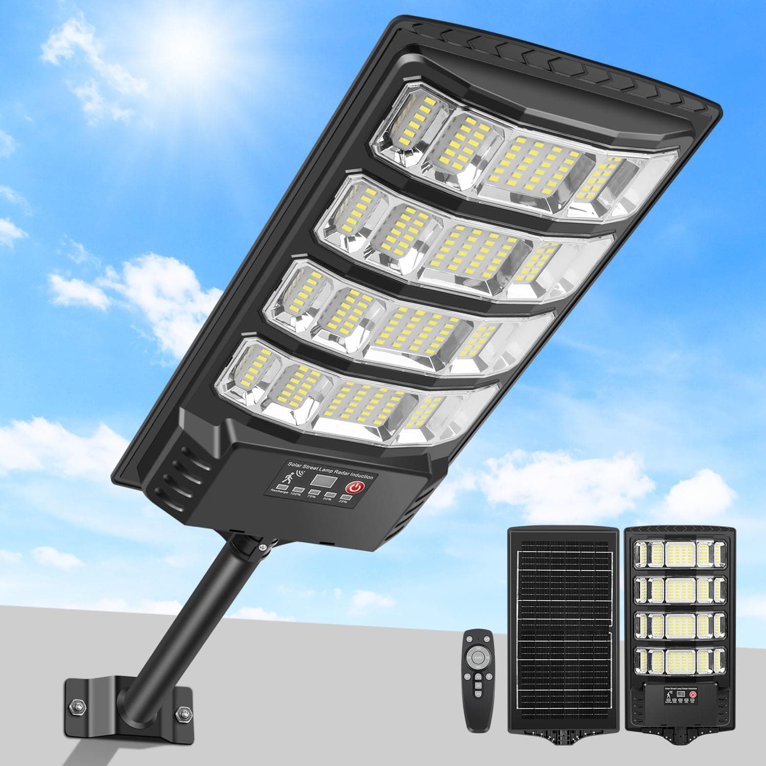 LEKIA Lampione Solare per Esterno, 6500K Lampada Stradale Solare con Sensore di Movimento, Telecomando, Impermeabili 320° Illuminazione Faretto Solari con Pannello per Giardino, Strada (1 Pezzi)