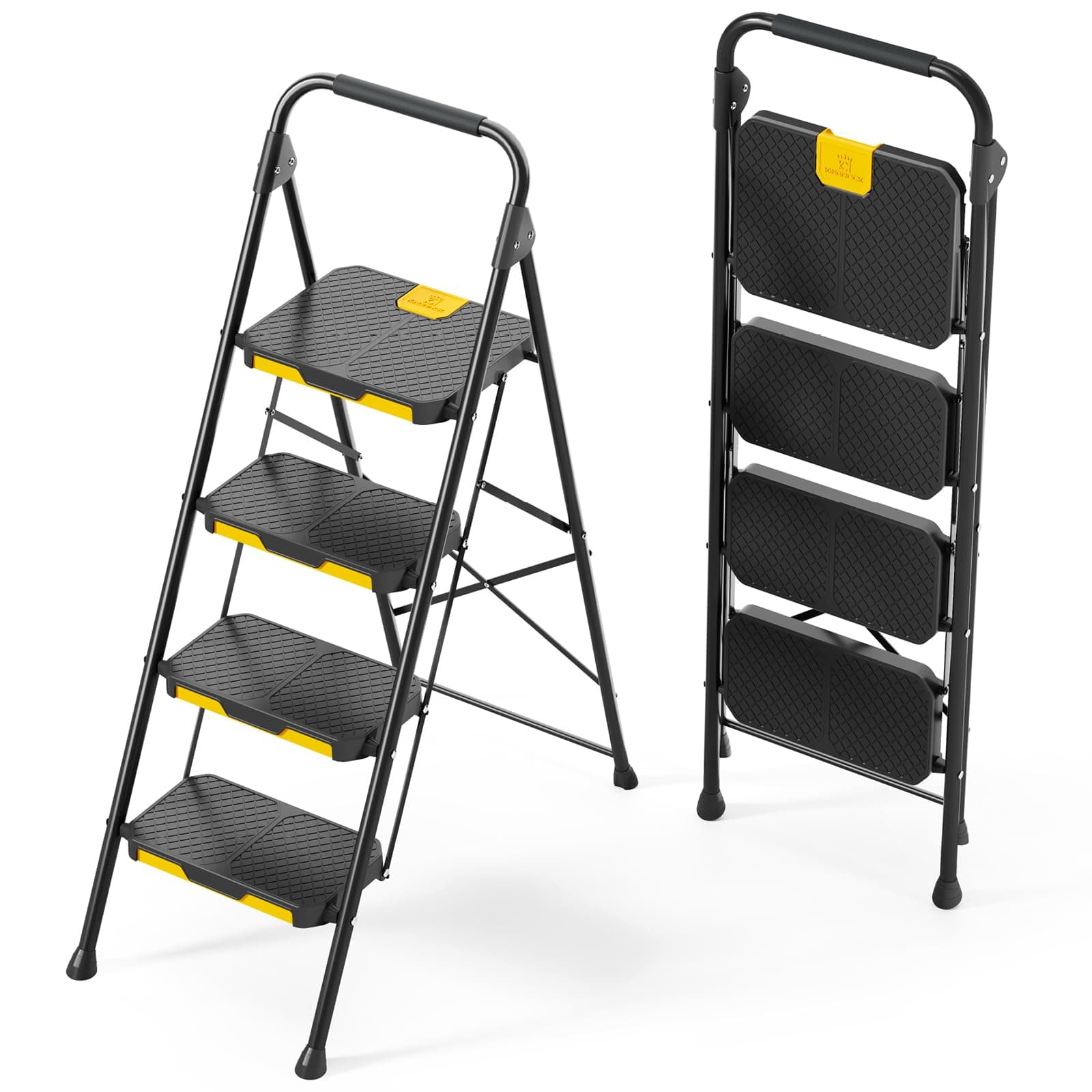 KINGRACK Escalera Plegable de 4 Peldaños con Bloqueo de Seguridad, Escalera de Tijera Doméstica Carga hasta 360kg con Pedal Ancho Antideslizante, Pasamanos, Taburete de Acero, para Hogar Cocina, Negro