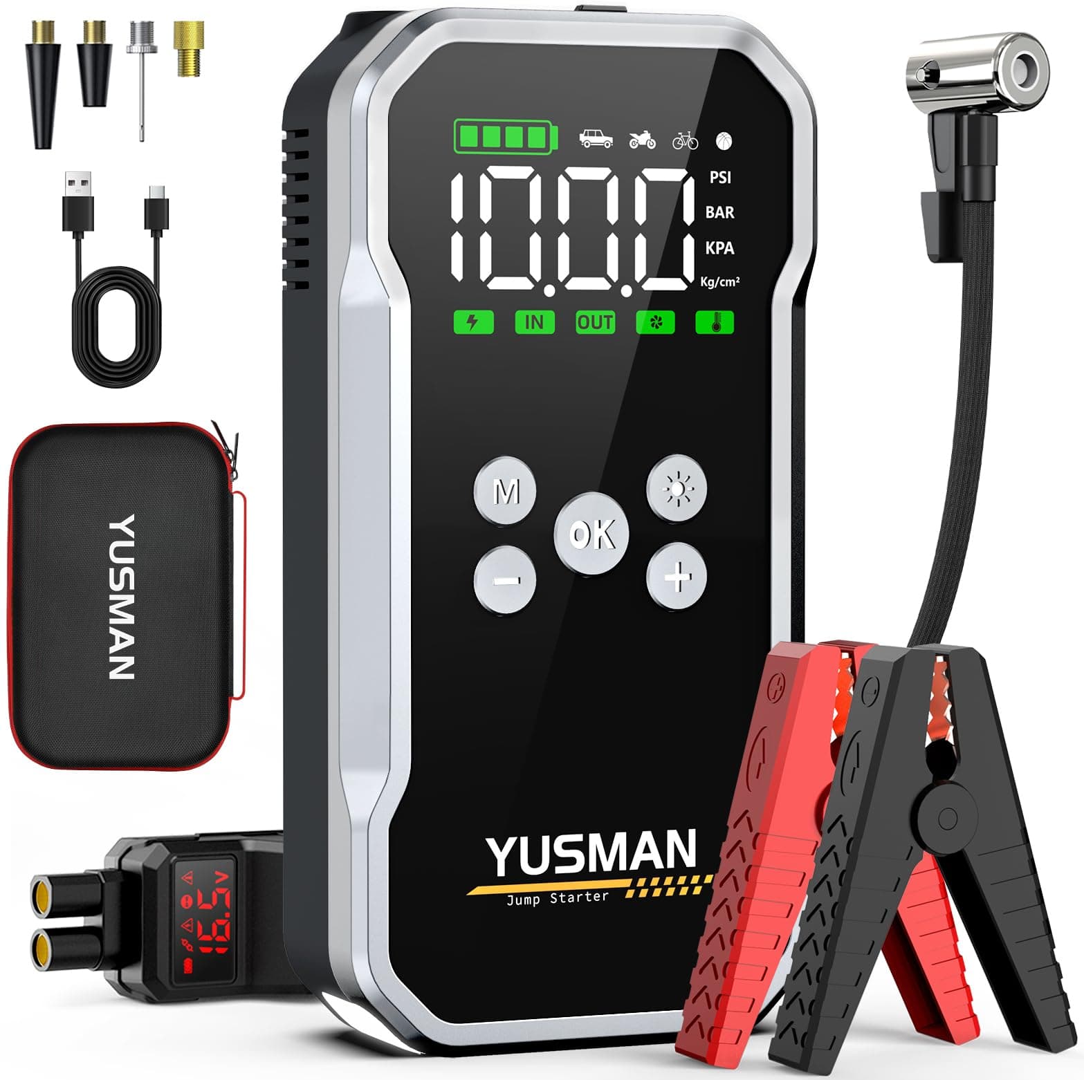 YUSMAN Arrancador de Baterias de Coche con Compresor de Aire, 12V 7000A Arrancador Coche Portatil con Inflador de 160 PSI (para 10L Gasolina o 8L Diesel), Linterna LED de Emergencia