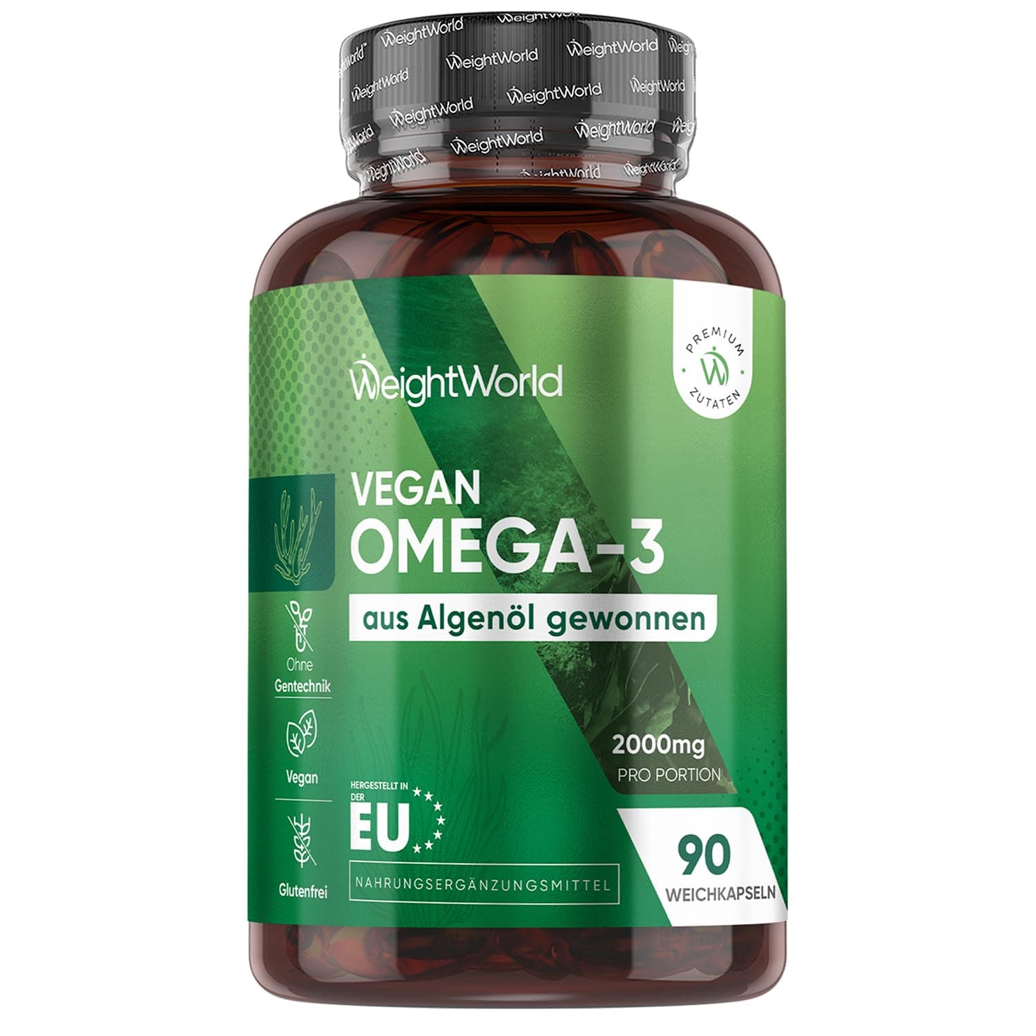 Omega 3 Vegan - 90 Weich-Kapseln - 2000mg Omega 3 Algenöl liefern 600mg DHA & 300mg EPA pro Portion - EPA & DHA tragen zur normalen Herzfunktion bei (EFSA) - Alternative zu Fischöl - WeightWorld