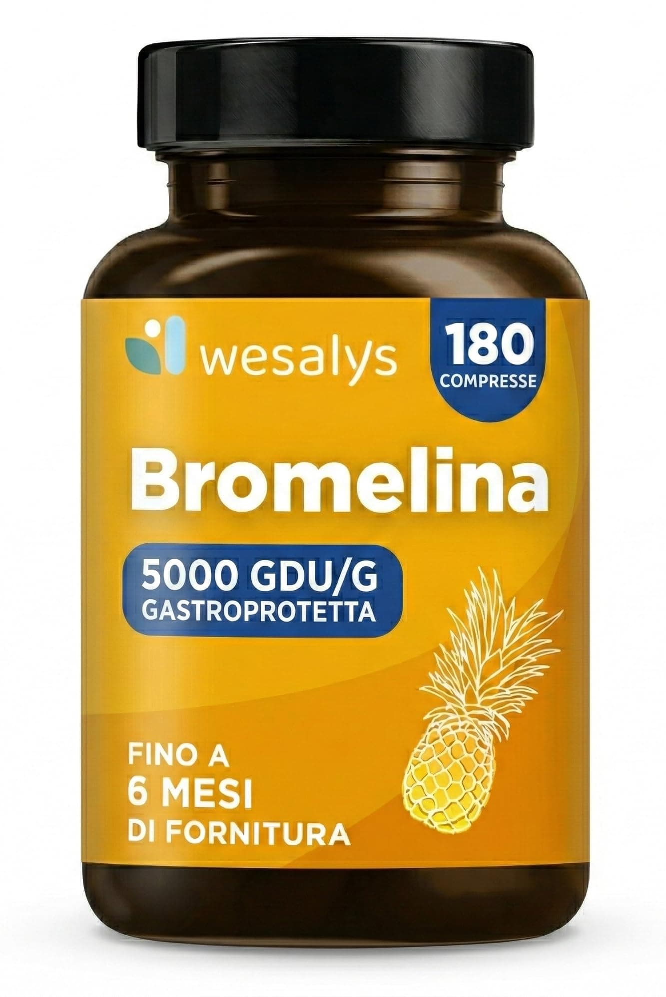 Bromelina 5000 GDU/g Gastroprotetta, 180 Compresse (Fino a 6 mesi di Fornitura). Bromelina Wesalys Made in Italy