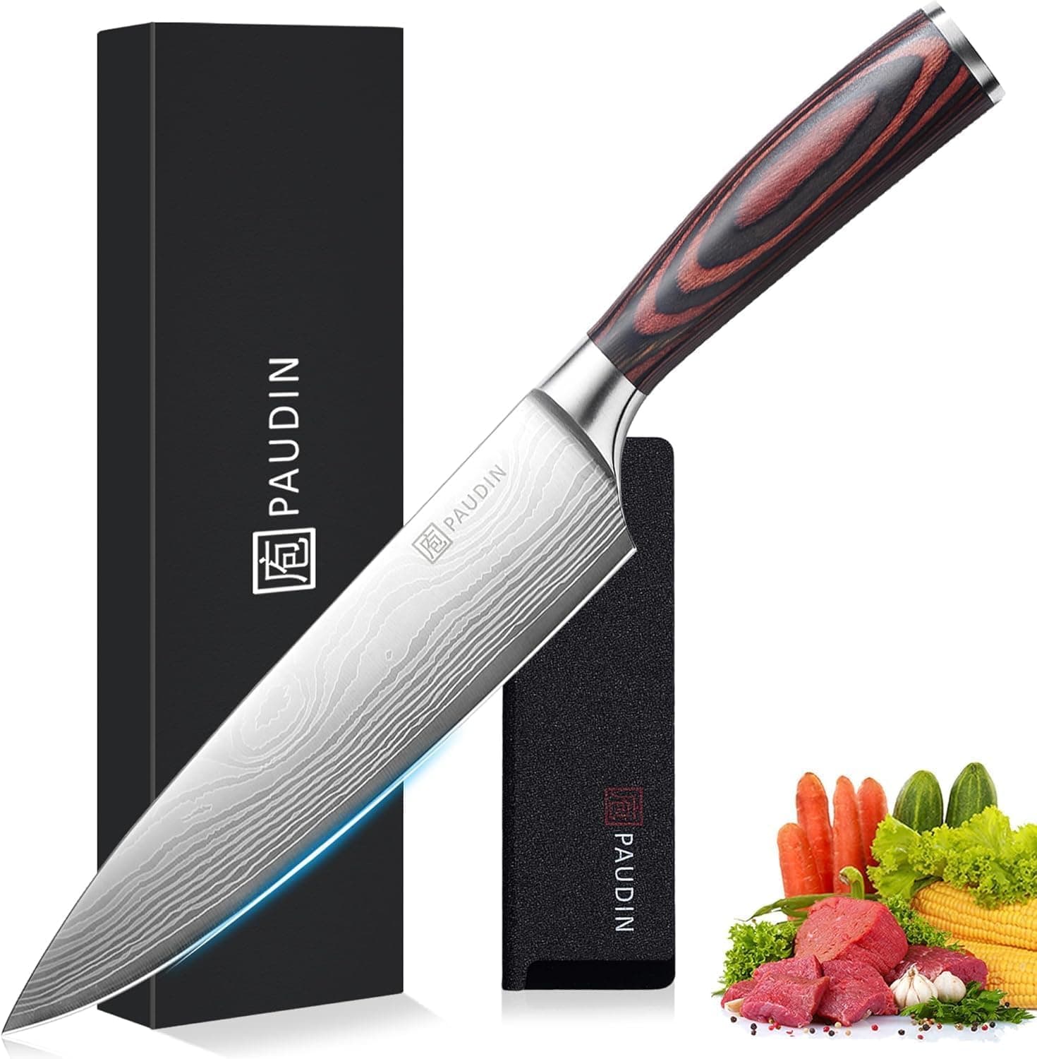 PAUDIN Coltello da Chef Professionale da 20 cm, da Cucina per Cuoco, in Acciaio Inossidabile al Carbonio di Alta Qualità, Lama Super Affilata con Impugnatura Ergonomica