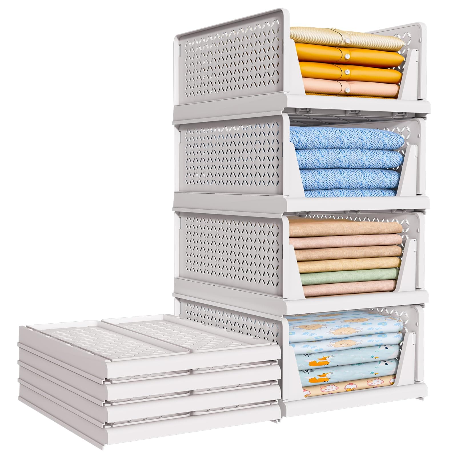 TidyIsles Organizador Armario Plegables y Apilables, Cajonera Organizadores de Plastico y Separadores, Plástico de Ropa Almacenamiento y Organización para Dormitorio y Baño, Blanco