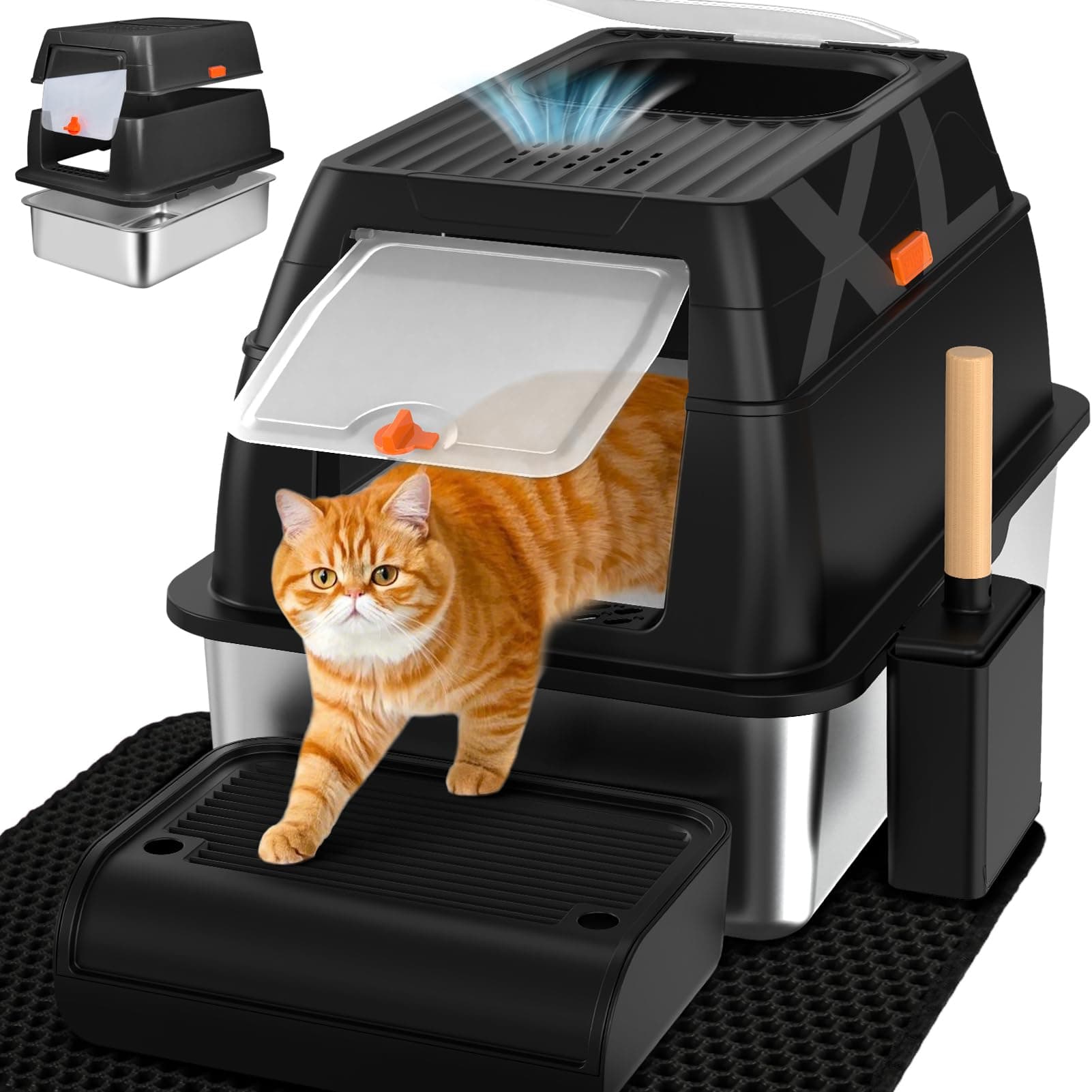 SZEETECH Bac Litiere pour Chat XL, Litière en Acier Inoxydable avec Couvercle, Bac Litiere pour Chat, Cat Litter Box, Pelle+Tapis+Marchepied- 60x40x39,5 cm (Noir)