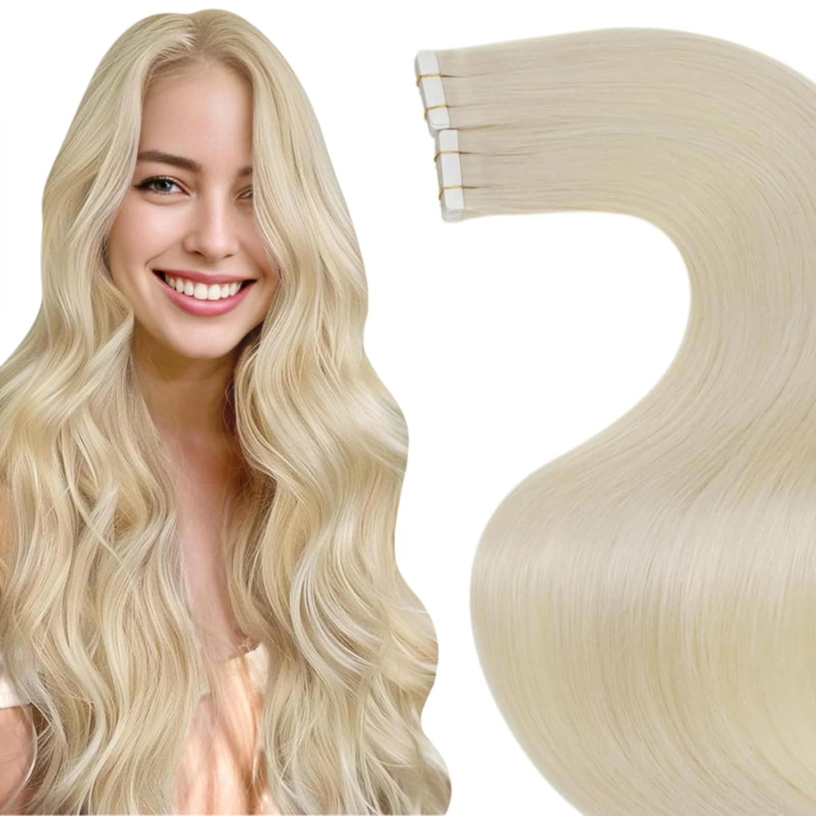 LaaVoo Extension Capelli Veri Biadesivo 40cm 20pz Biondo Candido Umani Lisci Remy Extension Biadesive per Capelli Veri Invisibile Adesive 50g #613