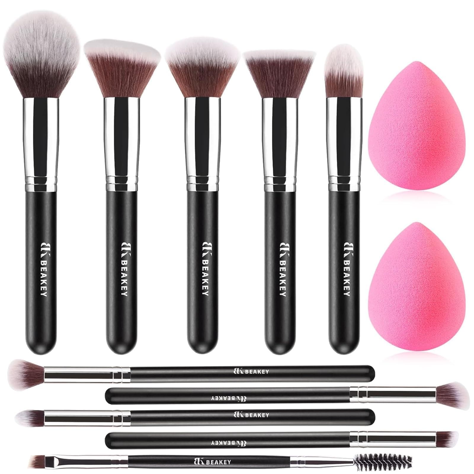 BEAKEY Set Pennelli Make up Premium synthetic pennelli trucco per fondazione cipria fard, ombretto, Set di pennelli make up, kit con spugnetta e Blender Beauty (10 + 2 pezzi, nero/argento)