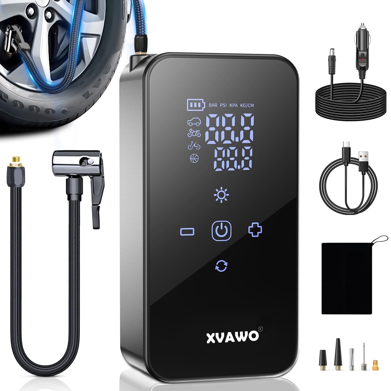 XVAWO Gonfleur Pneus Voiture Electrique: Pompe a Velo 150PSI - Compresseur à air Portatif avec Arrêt Automatique pour Voiture Moto Vélo et Ballons