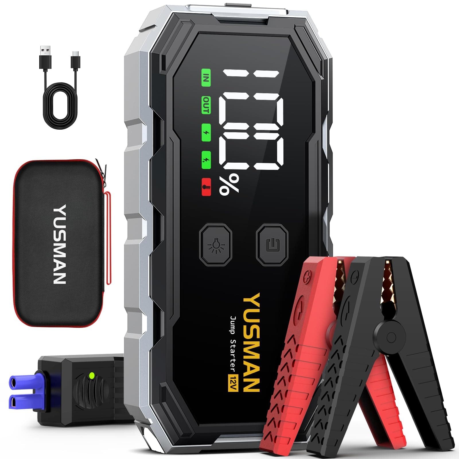8000A Booster Batterie Voiture, 12V Démarreur de Batterie de Voiture Portable(Jusqu’à All Gaz & 10L Diesel), Jump Starter, avec Pinces de Sûreté Intelligentes, Lumière LED, Port de QC3.0
