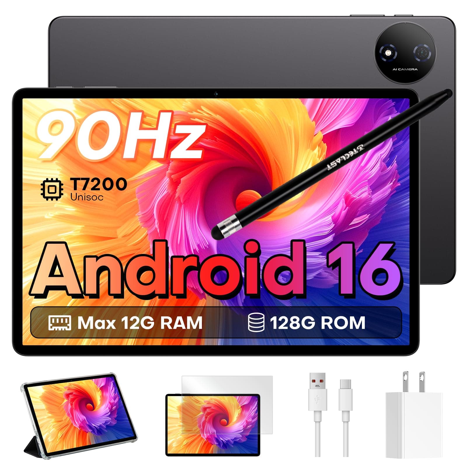TECLAST Tablet 11 Pulgadas, Android 16, Pantalla 90Hz, Octa-Core 2.0 GHz, Widevine L1,12GB RAM+ 128GB ROM, 7000 mAh, 13MP + 5MP, Facial ID, 5G WiFi + BT 5.0, Tablet con Lápiz y Funda