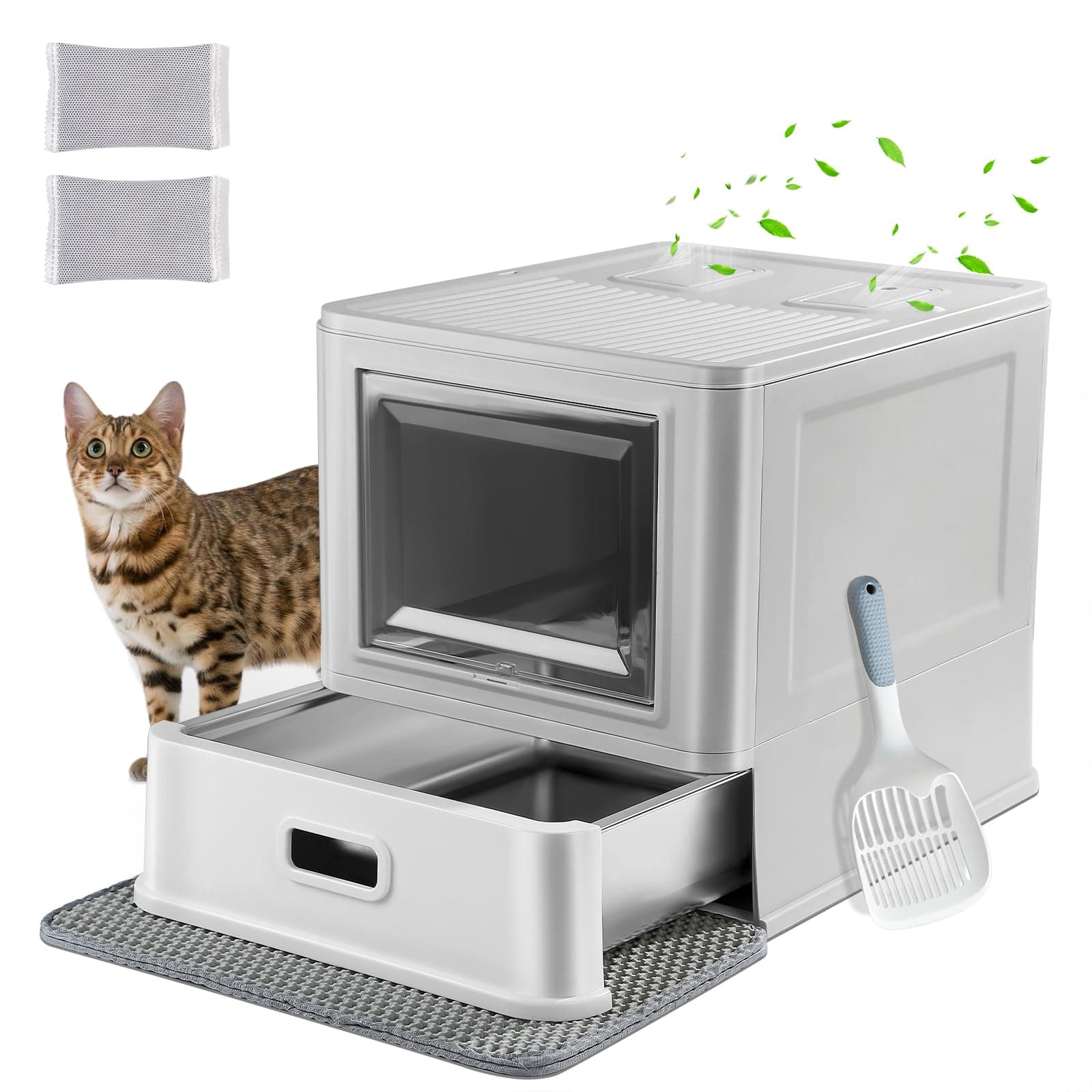 Marchul Bac à Litière pour Chat, Bac à Litière Fermé en INOX avec Couvercle et Tiroir, XL Extra Large, avec Chicanes Anti-Fuites, Pelle et Tapis, sans Odeur, avec Socle amélioré