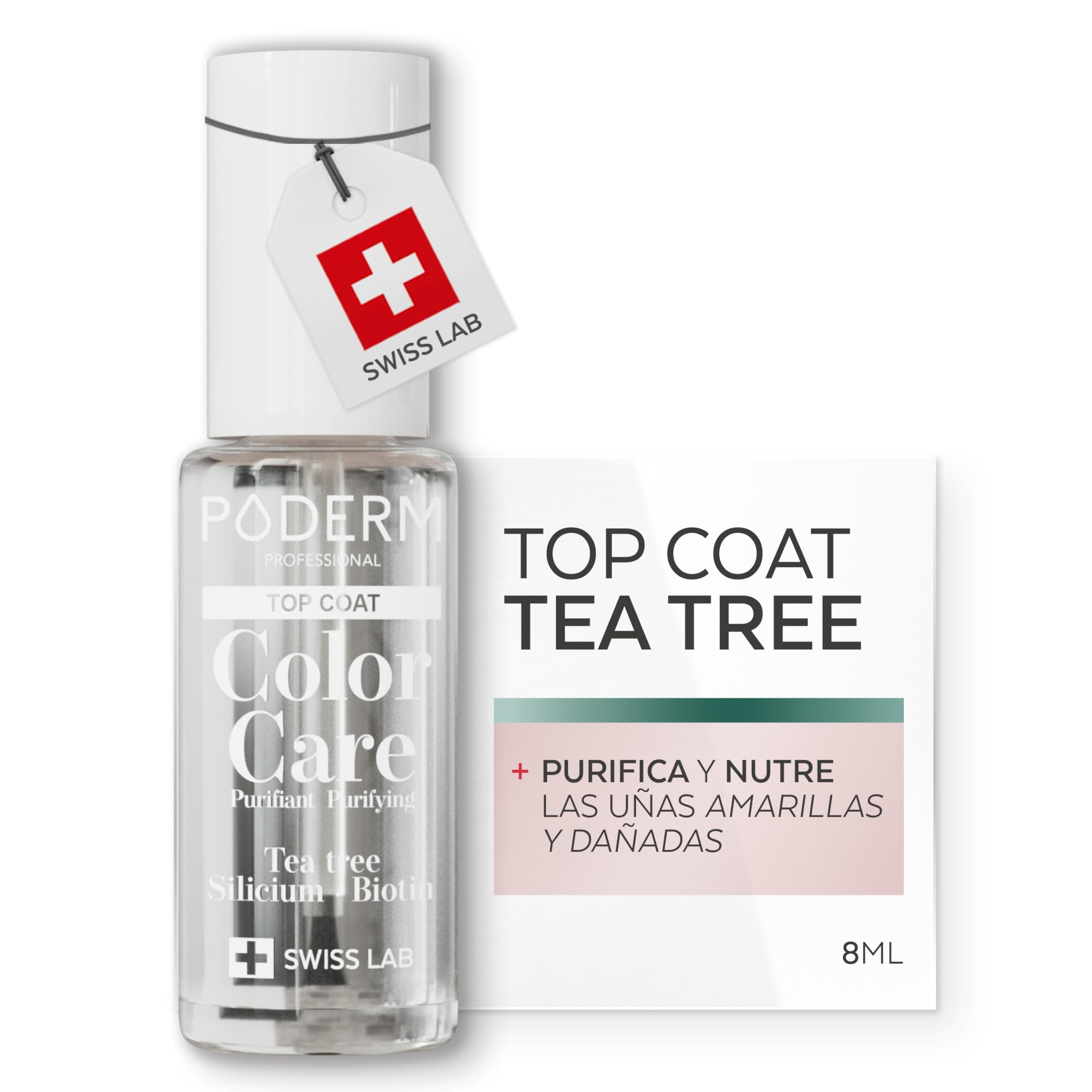 PODERM-TOP COAT Brillante y protector-con ÁRBOL DE TÉ-larga duración de los colores-Prevención y tratamiento de las uñas amarillas/dañadas-Ingredientes naturales-Swiss LAB,8.0 milliliters