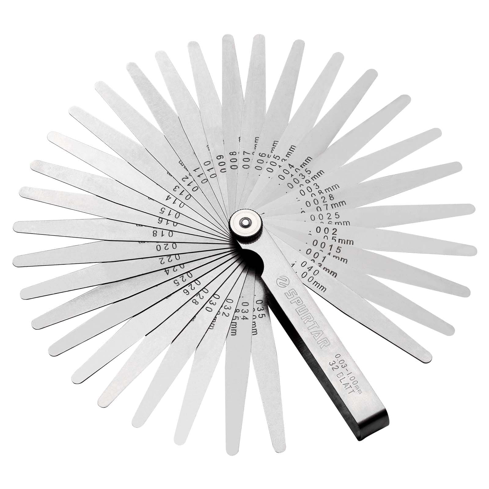 Spurtar Galgas de Espesores 32 Cuchillas 0,03-1,00mm/0,001-0,04" de Dobles Métrica Imperial Herramienta y Marcadade medición de Calibre para medir Ancho o Espesor de la Brecha