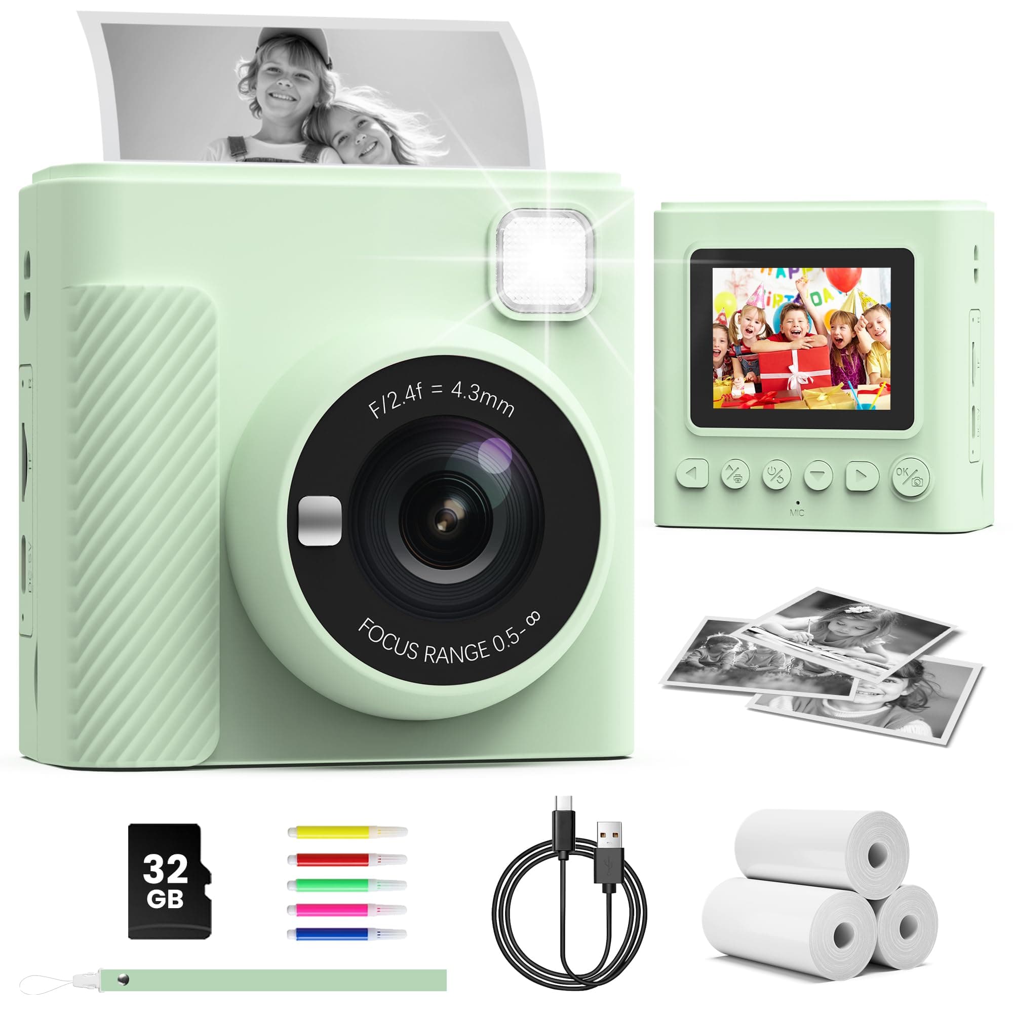 TIATUA Macchina Fotografica Bambini Istantanea, 2.4 Pollici 1080P Fotocamera Digitale Bambini con 32GB Scheda & Papier Photo, Regalo di Natale per Bambin i dai 3-12 Anni