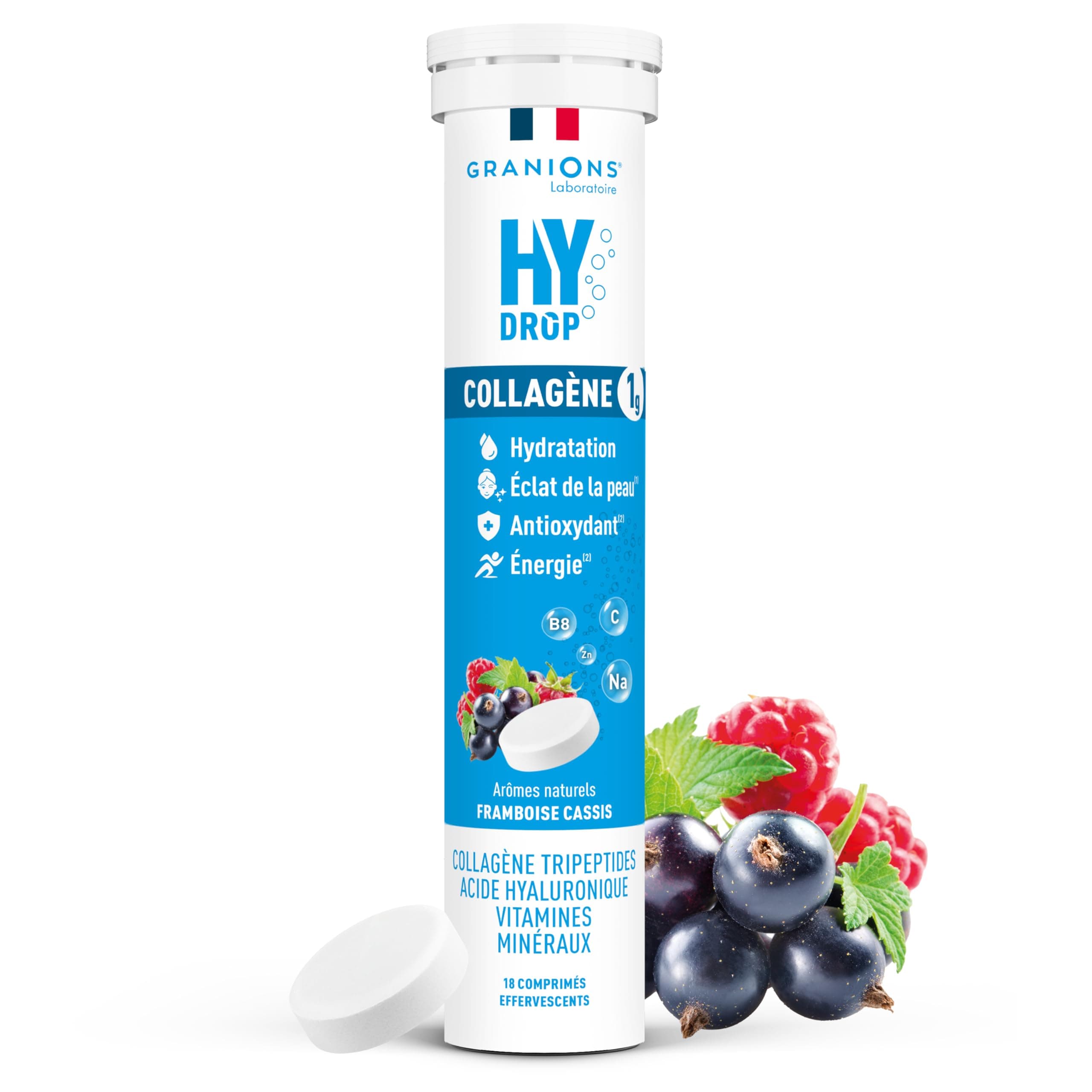 GRANIONS HYDROP - Pastilles Hydratation - Framboise/Cassis - SANS SUCRES - Enrichi en Collagène - Fabriqué en France - Electrolytes Hydratation - Vitamines, Minéraux - 18 Pastilles Effervescentes