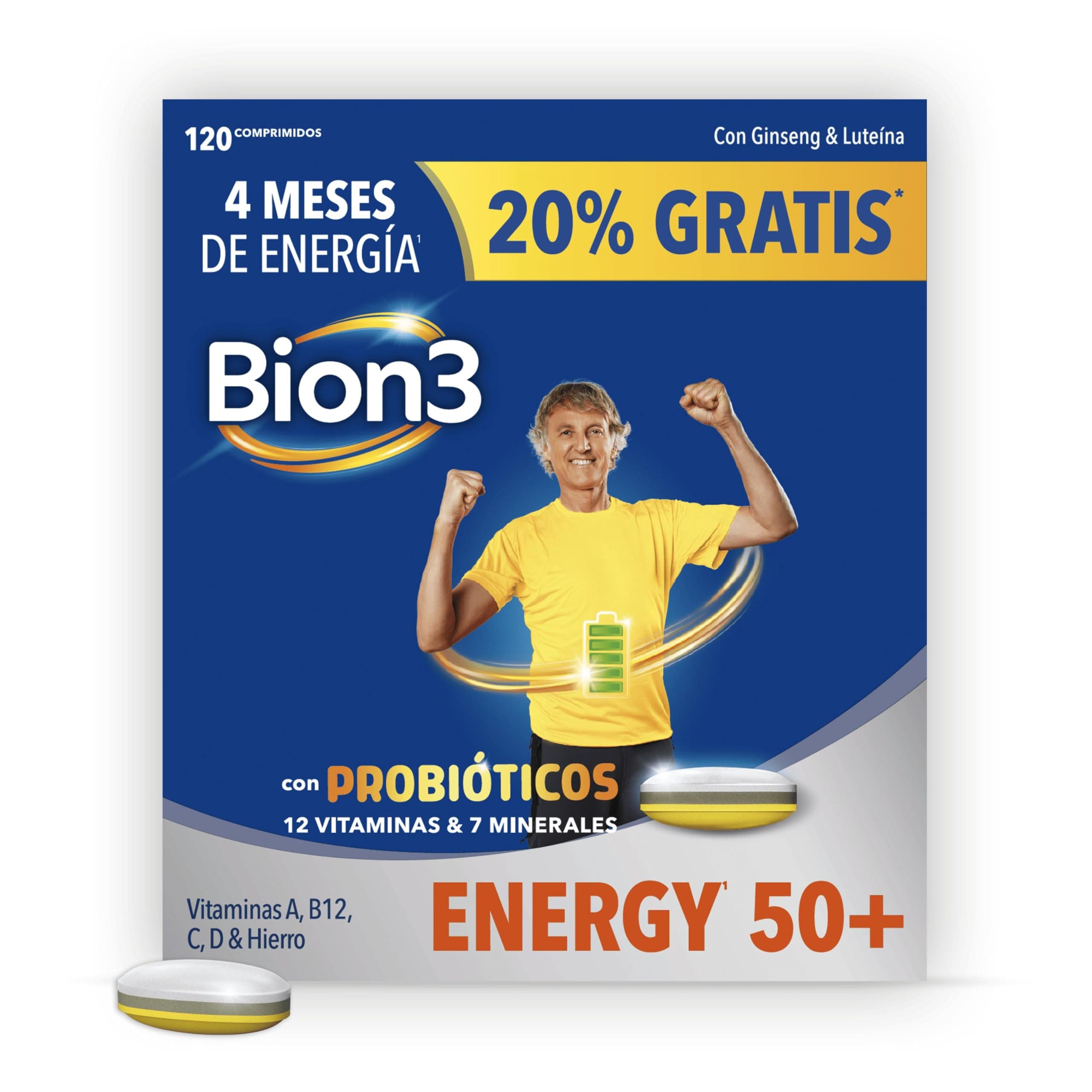 Bion3 Energy 50+ Comprimidos Multivitamínicos con Probióticos, Complemento Alimenticio, Energía Física y Mental¹, Vitamina C, D, A, Complejo B, Hierro