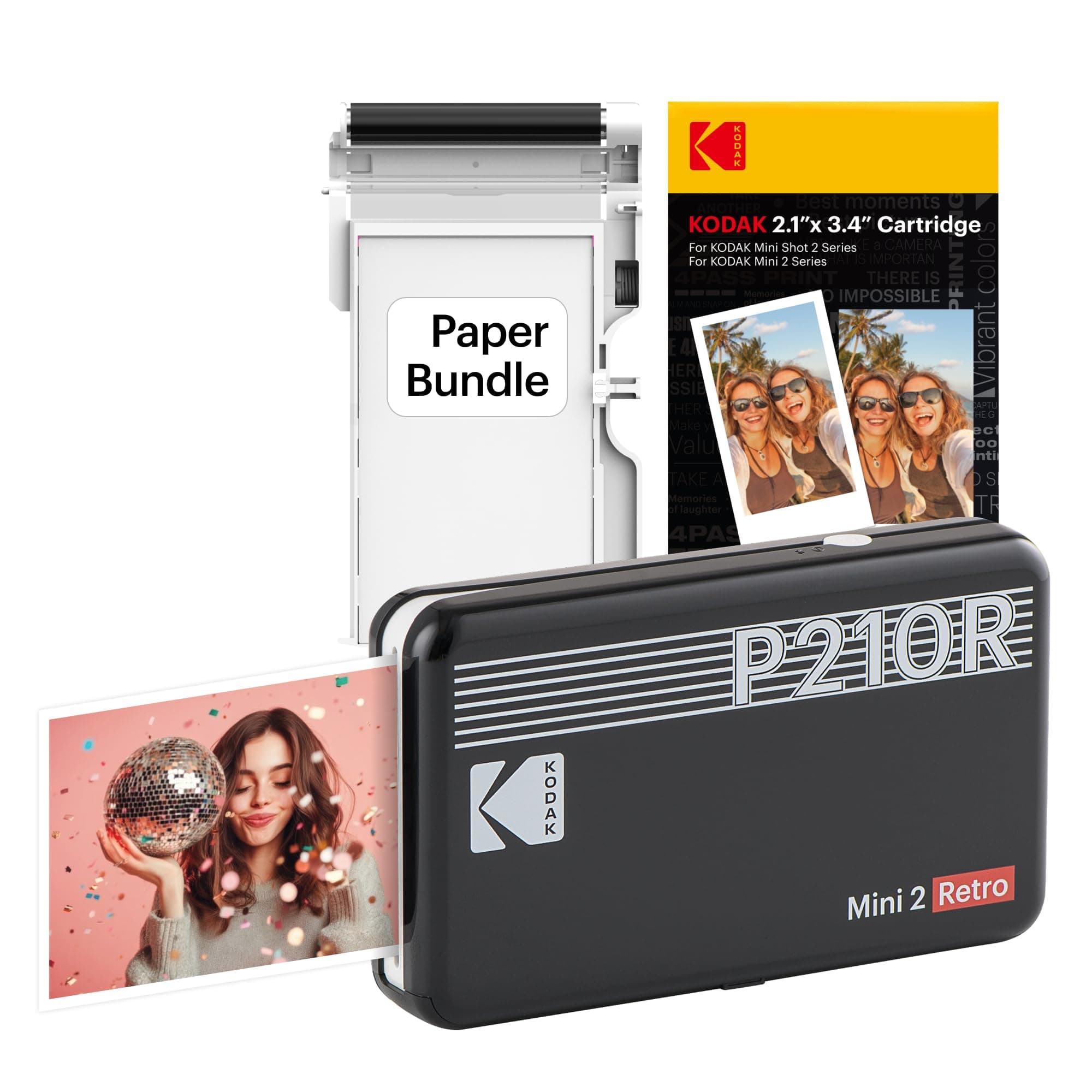 KODAK Mini 2 Retro Navidad Regalos 4Pass, Impresora Fotográfica + 38 Fotos, Fotos Instantáneas Tamaño 54X86mm, Conexión Inalámbrica Bluetooth - Negro
