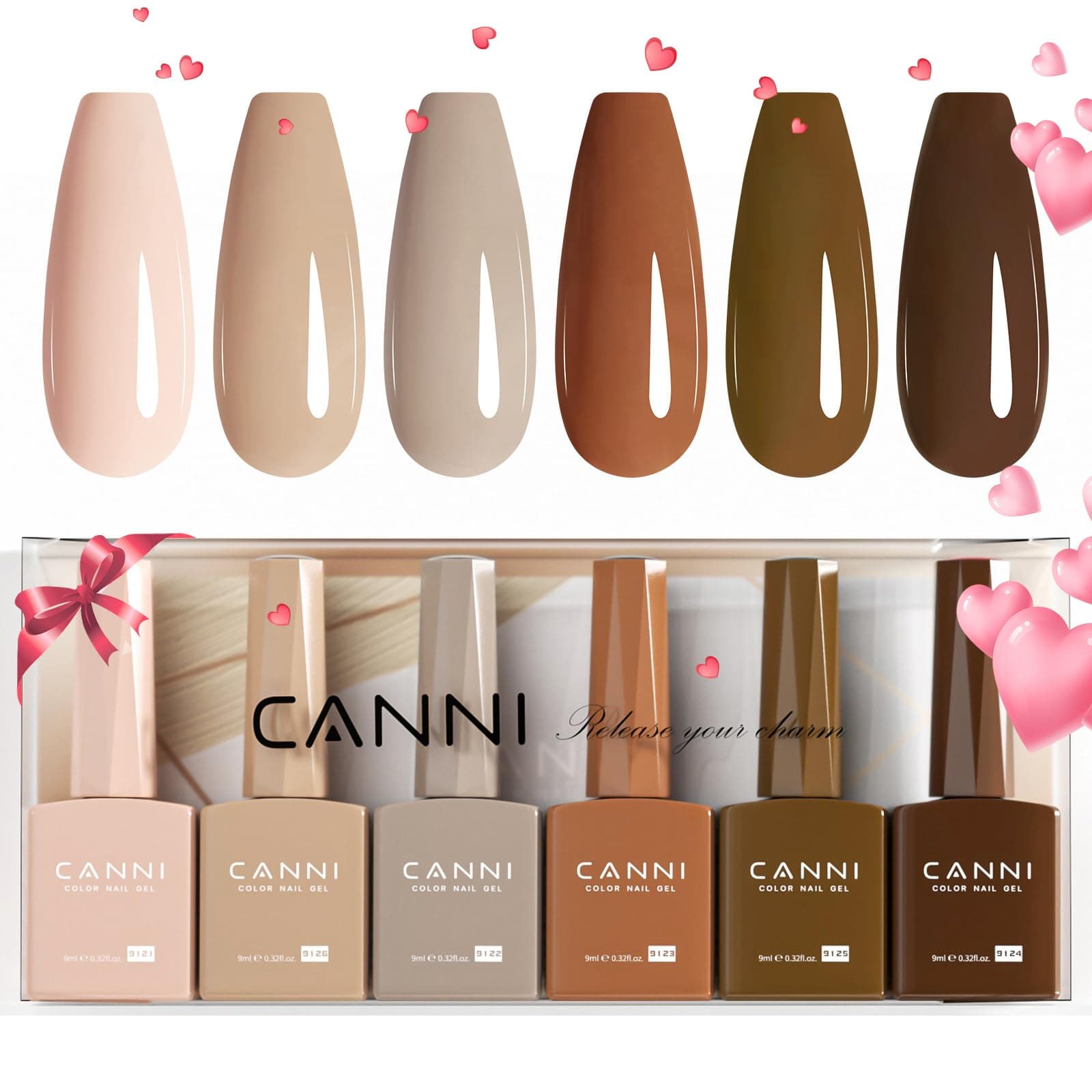 CANNI Vernis à Ongles Gel Semi Permanent 6 Couleur UV Nail Polish rose nude marron pink browm Semi-permanent Valentinstag für Maniküre Nageldesign 9ml