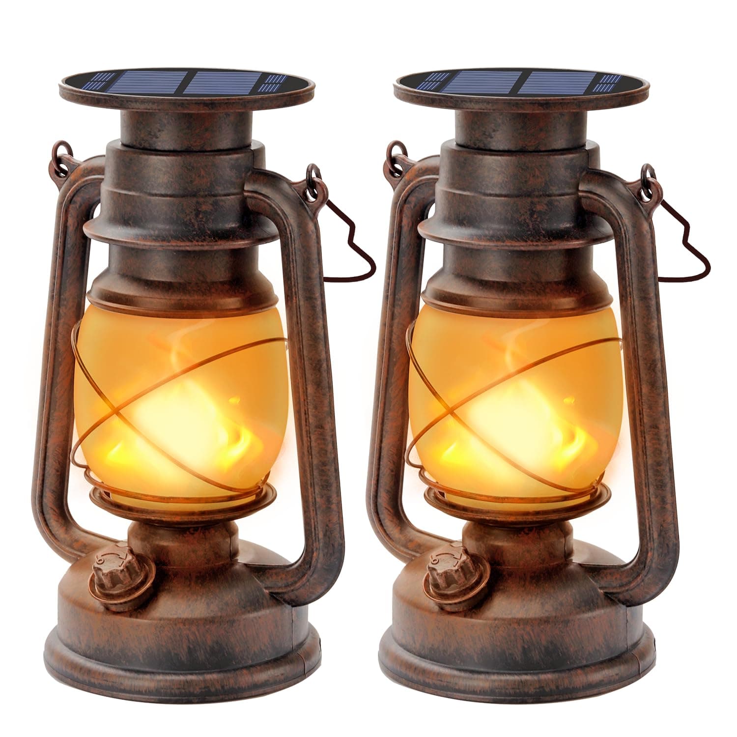 Hzitcigm Farolillos Solares Exterior, 2 Piezas Vintage Linterna LED Luz Lámpara Impermeable Farol con Efecto Llama Solar de Tormenta para Camping Jardín