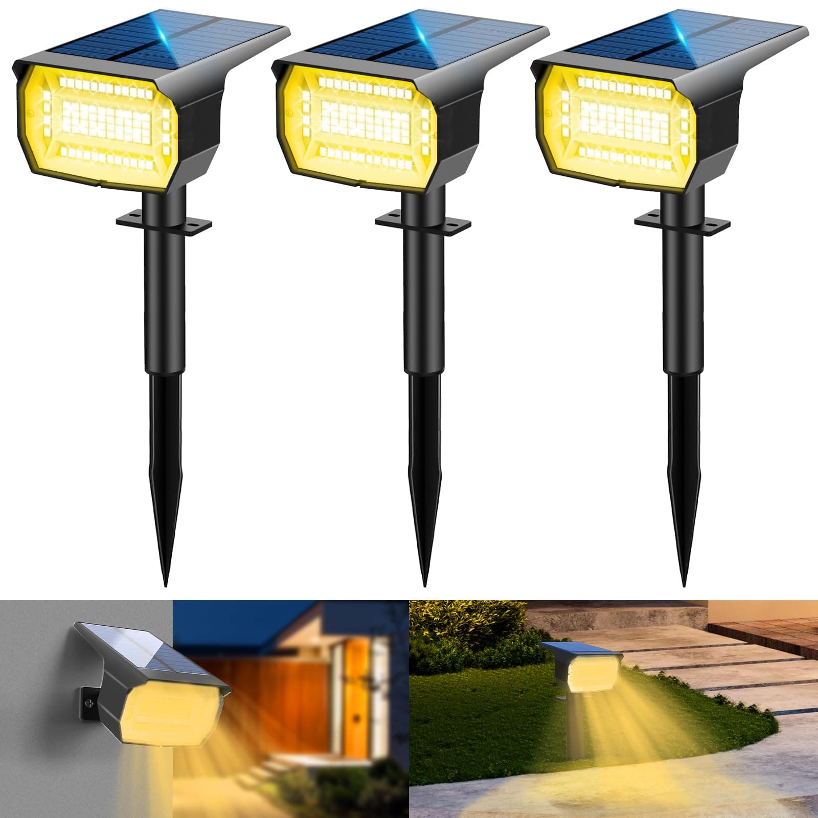 LOTMOS [72 LED/3 Piezas/3000K Luces Solares Exterior Jardin Impermeable IP67 Focos Solares Lampara Luz Solar para Patio,Caminos,Terraza,Suelo,Calzada,Piscina,Césped,Carril