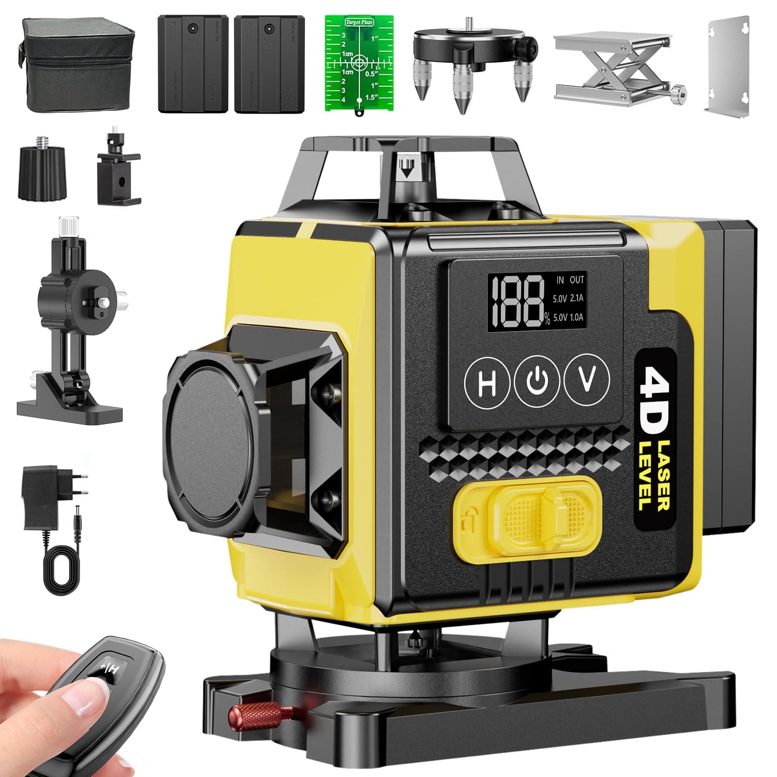 Livella Laser 4D Verde 16 Linee (4x360°) – Laser da cantiere autolivellante, Display LED per livello batteria, Modalità a impulsi per esterni, 2 batterie da 2400 mAh, Telecomando & Custodia morbida