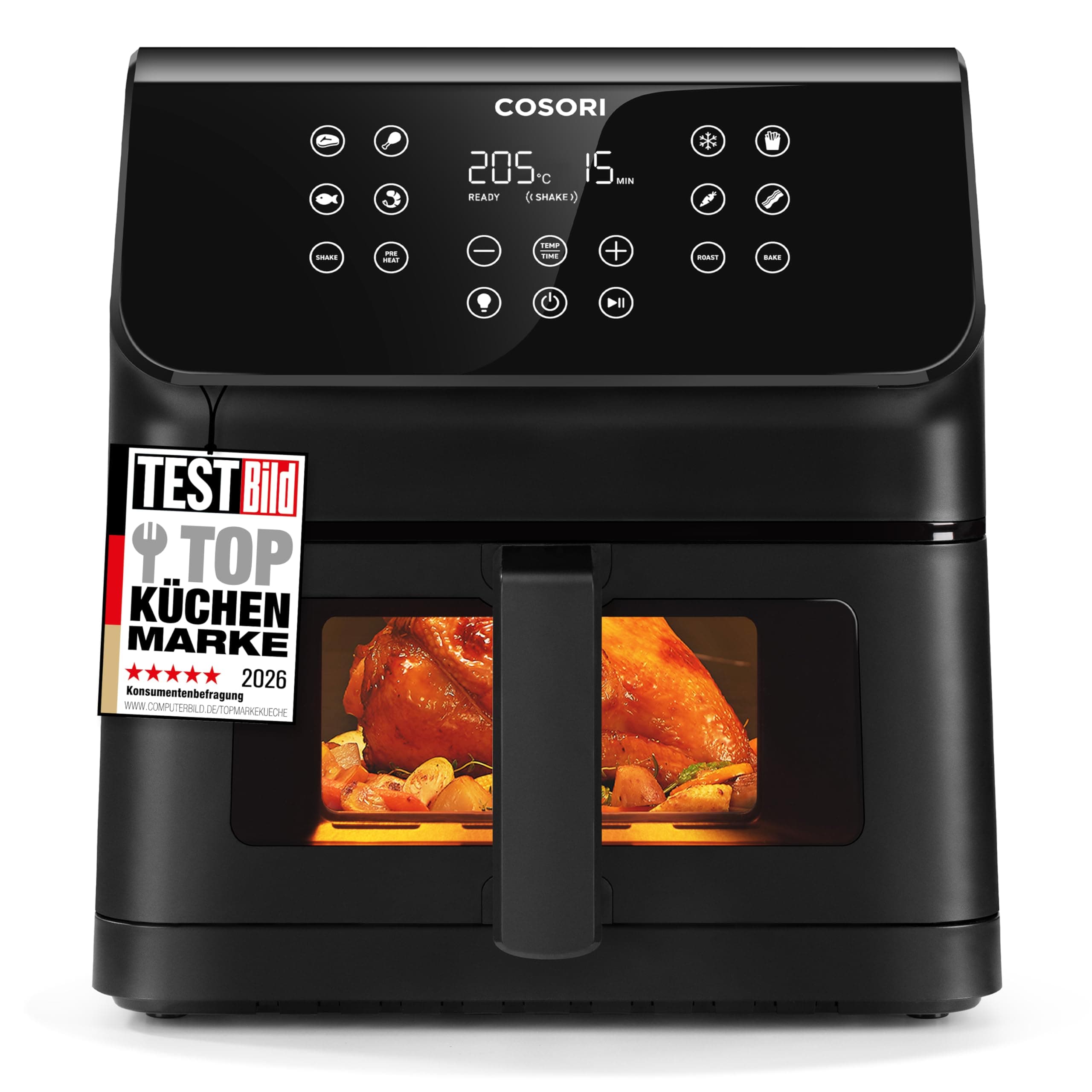 COSORI Airfryer, Heißluftfritteuse 6,2L mit Sichtfenster und Shake Reminder, 12-in-1 Heissluftfritteuse, Fritteuse 85 Prozent weniger Fett, 50 Rezepte, 55 Prozent energiesparend, einfache Reinigung