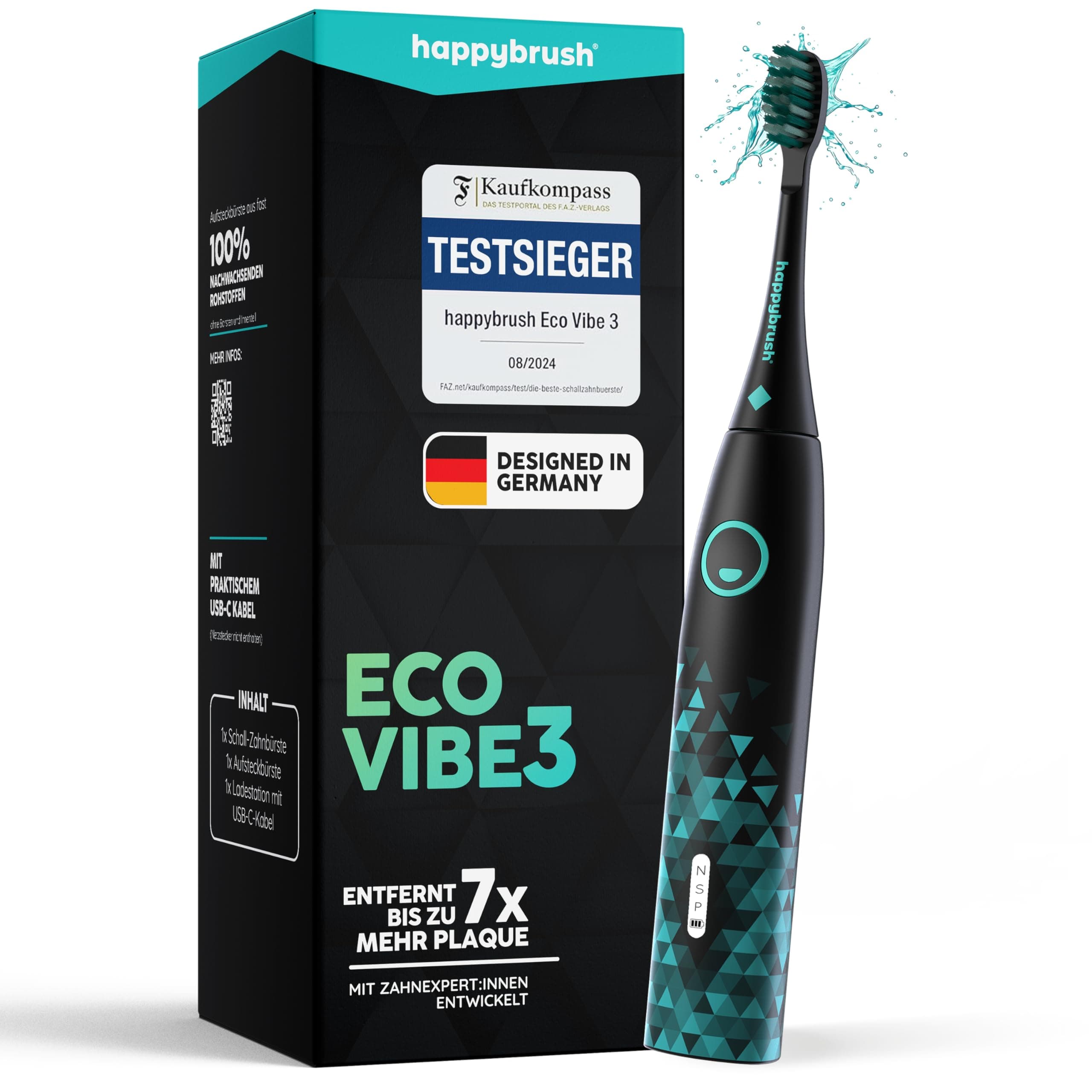 happybrush® Schallzahnbürste Eco Vibe 3 – TESTSIEGER – 100 Tage testen - Elektrische Zahnbürste mit 8 Wochen Power Akku – Ultraschall Zahnbürsten – 2 Jahre Garantie - Black/Mint