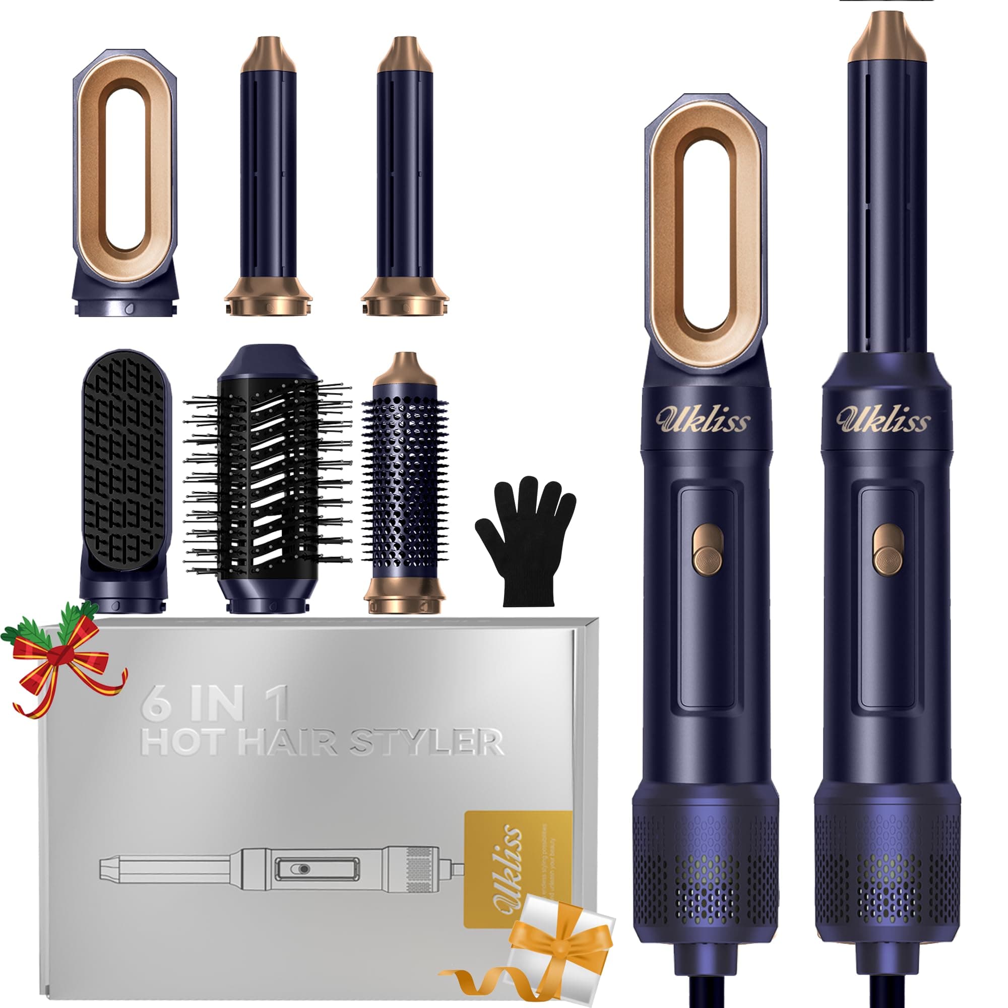 UKLISS Air Styler 6 en 1, Seche Cheveux Professionnel avec Brosse Cheveux Bouclés Automatique, Lisseur cheveux, Brosse Souflante, Hair Dryer, Brosse Thermique, Hair Styler pour Sytyling - Blu
