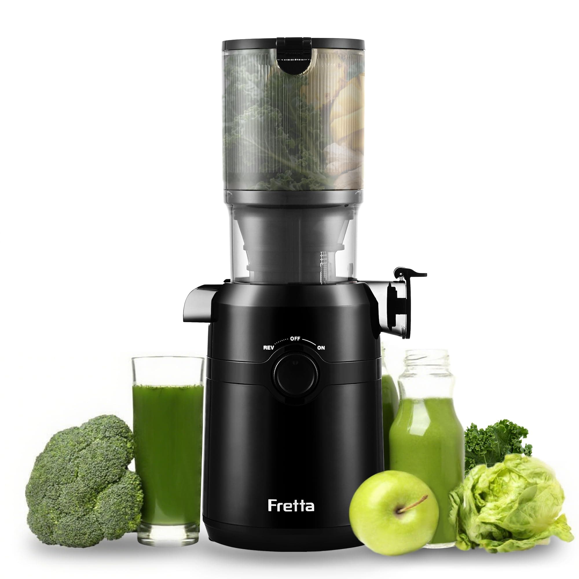 Fretta Estrattore frutta e verdura, apertura 108MM e capacità di 1L estrattore di succo, 200W centrifuga Lenta, 99% nutrienti preservati, senza BPA, facile da smontare e pulire
