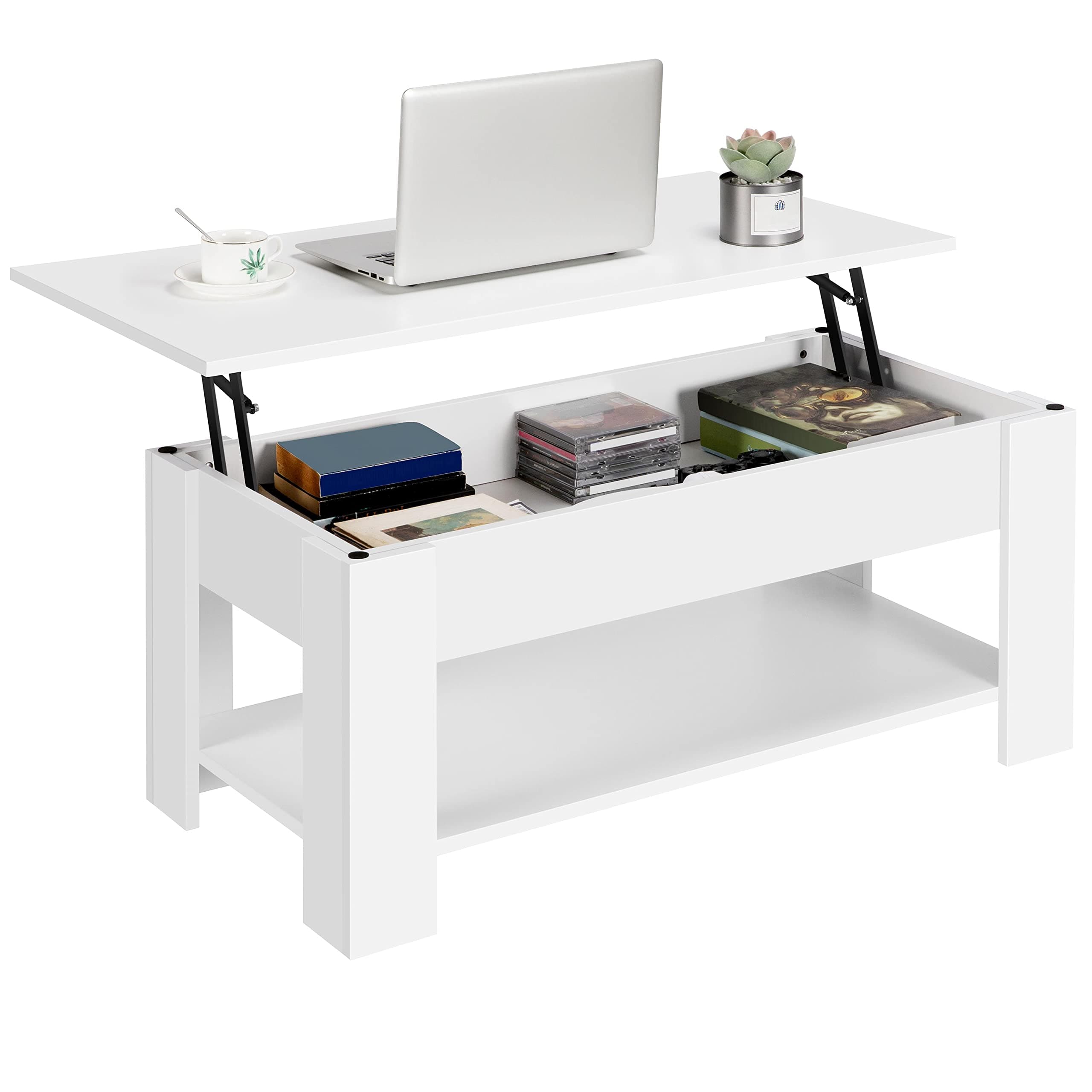 Yaheetech Mesa de Centro Elevable y Extensible con Revistero 98x50x(41,8-56) cm Mesa de Salón o Comedor Mesita Cafe con Estante Almacenamiento Oculto Blanco