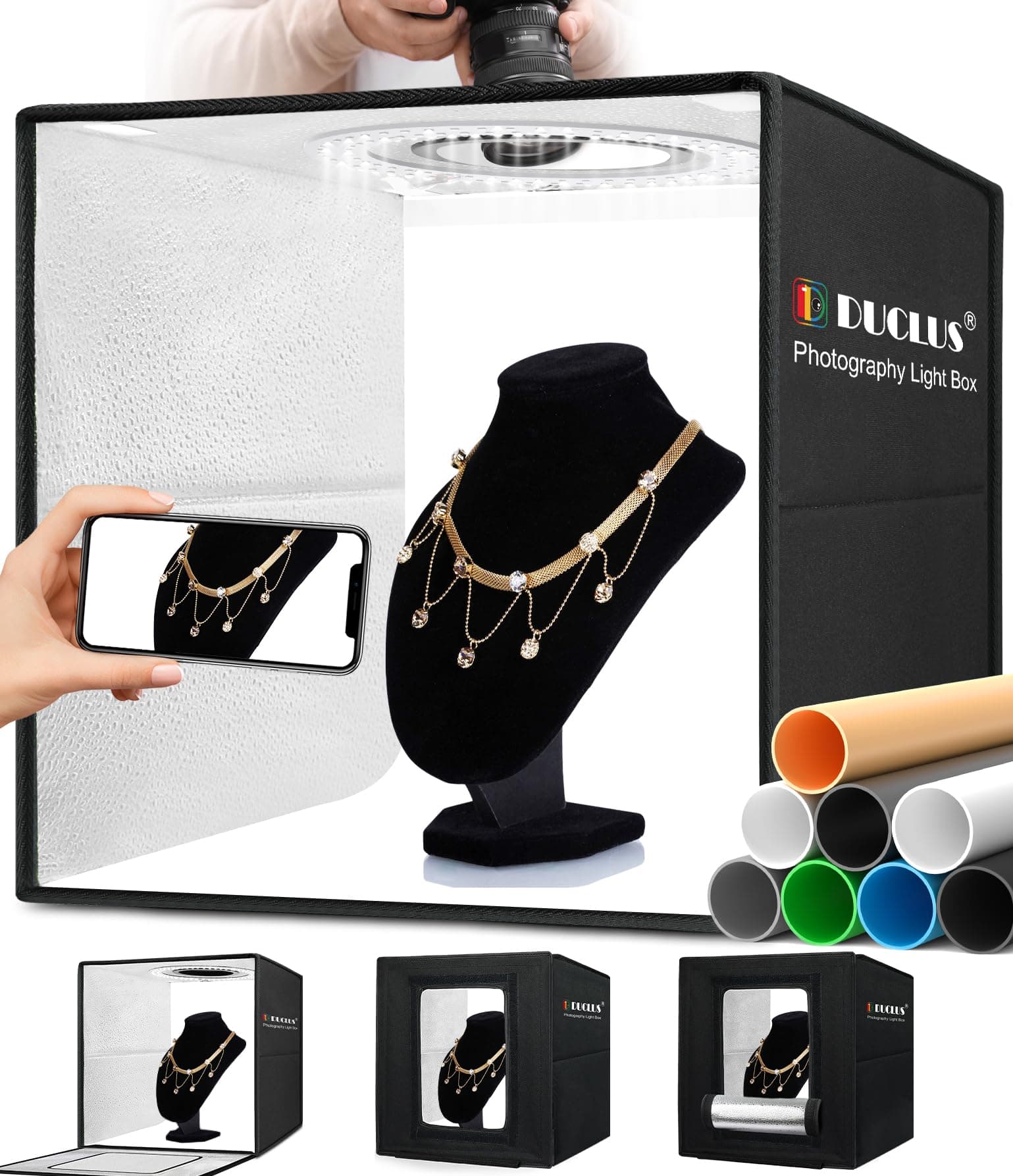 DUCLUS Studio Photo Box Portable 40x40 cm, Boîtes de Lumière Kit avec 5500K 160pcs LED Réglable & 8 Fonds pour Photographie de Produits