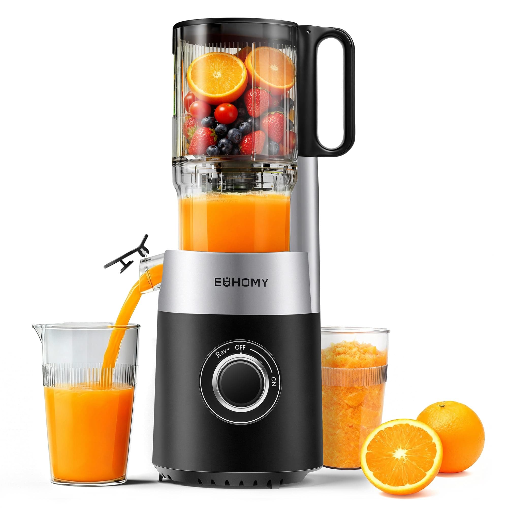 EUHOMY Extracteur de Jus slow Juicer Extracteur de Jus de Fruits et Légumes avec | Ouverture de Remplissage de 135 mm | Volume 1,8 L | 2 Tasses | Presse-Jus électrique Noir Argent