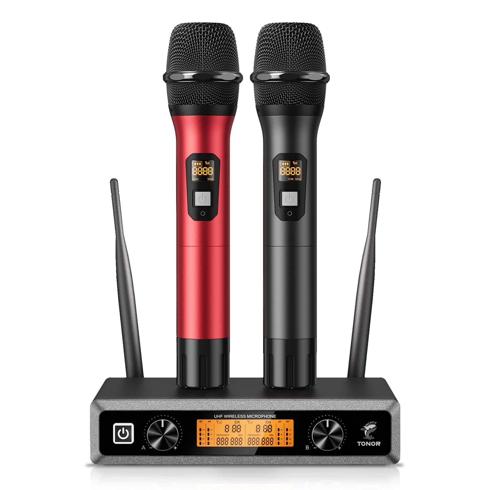 TONOR Micrófono Inalámbrico Dual Sistema de Micrófono Inalámbrico de Mano Profesional UHF, Set KTV Hogar para Karaoke, DJ, Fiesta, 60 Metros, TW820, Negro y Rojo