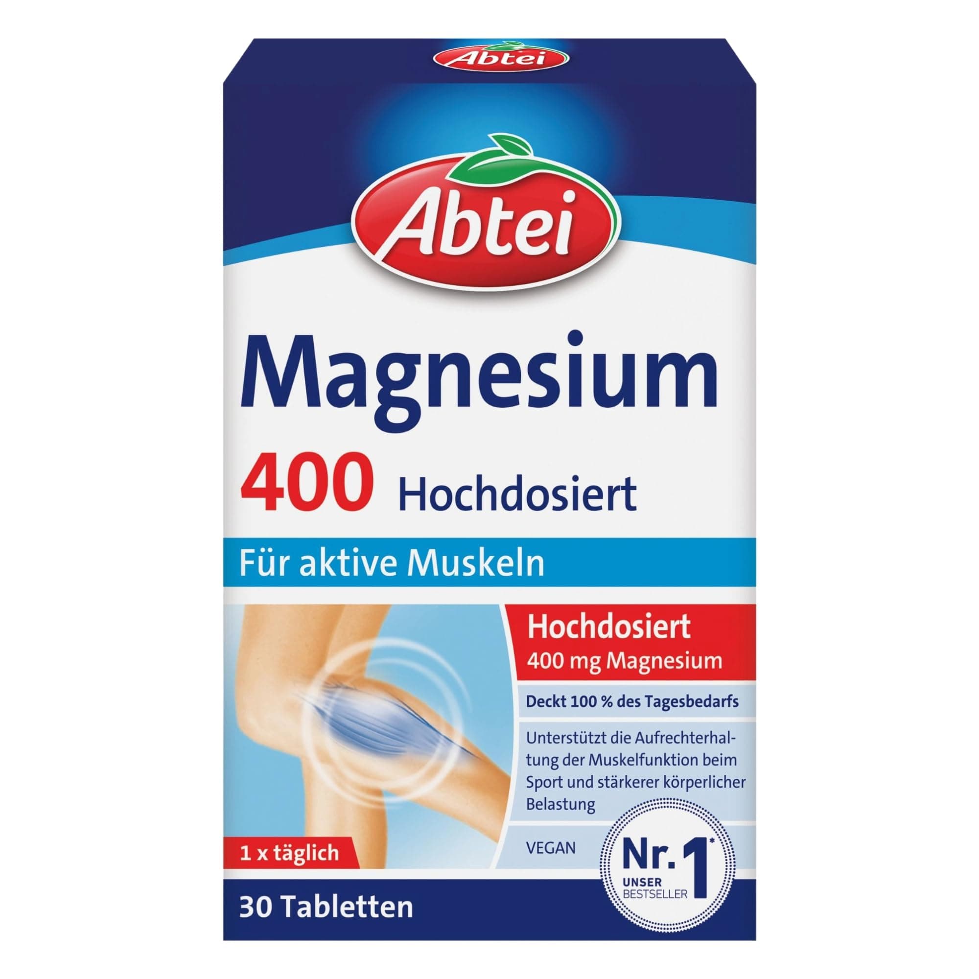 Abtei Magnesium 400 - hochdosiertes Magnesium für aktive Muskeln - bei Sport und körperlicher Belastung - Deckt 100% des Tagesbedarfs - Vegan, glutenfrei, laktosefrei - 1 x 30 Tabletten