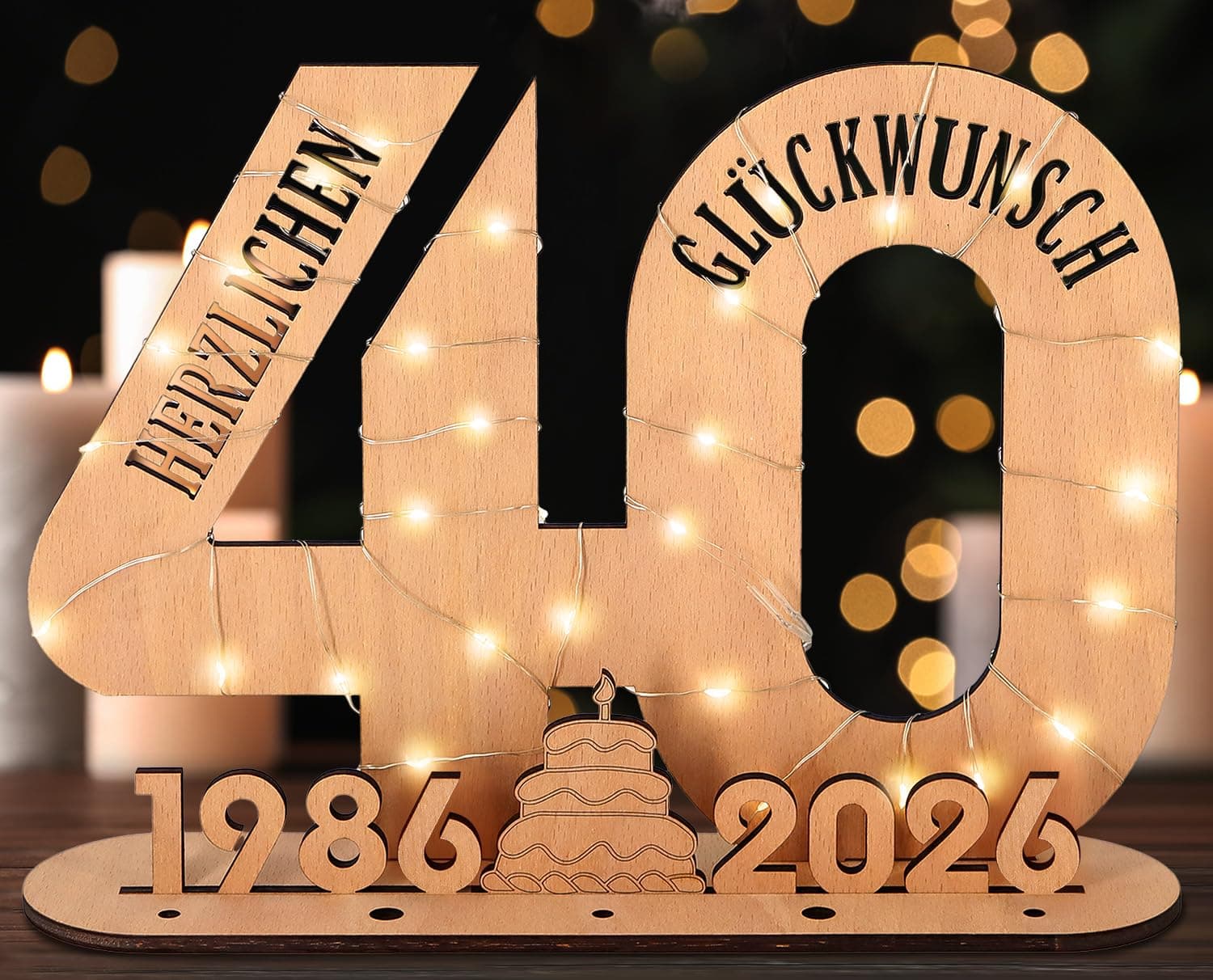 Giftota - 2026 Originelle 40 Geburtstag Geschenk Frauen & Männer - 40 Rubinhochzeit - Geldgeschenke 40 mit LED Lichterkette Ständer - Holz-Schild Gästebuch - 40 Geburtstag Deko - Hochzeitsgeschenke