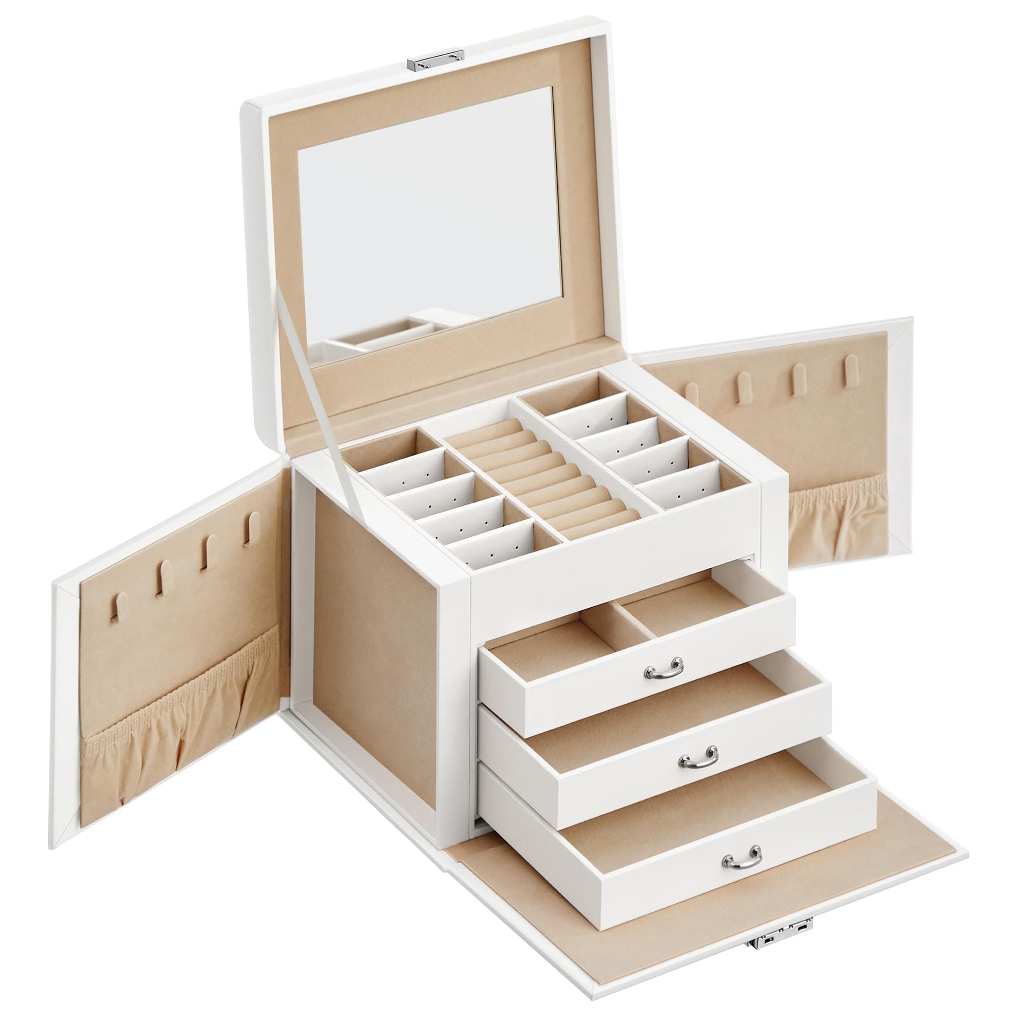 SONGMICS Schmuckkästchen 4 Ebenen, Schmuckkasten mit 3 Schubladen, viel Stauraum, innen mit Spiegel, abschließbar, Schmuckaufbewahrung, Geschenk für Ihre Liebsten, für Uhren, weiß-beige JBC159W01