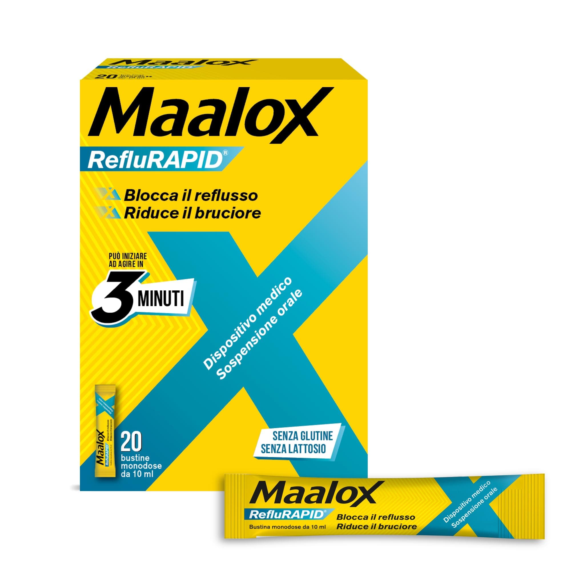 Maalox Reflurapid Blocca il Reflusso Gastroesofageo, Riduce Bruciore e Acidità di Stomaco, anche in Gravidanza - con Bicarbonato di Sodio, Senza Glutine, Senza Lattosio (20 Bustine Gusto Menta)