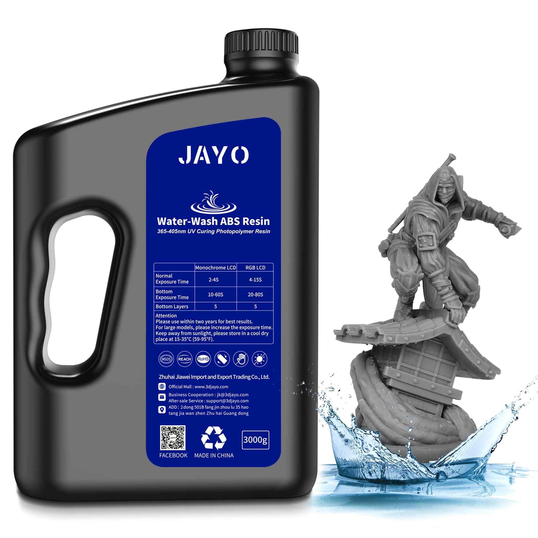 JAYO Resina Lavable en Agua ABS-Like 3KG, Resina para Impresora 3D 405nm UV Estándar Resina Fotopolímera Rápida para Impresora 3D LCD/DLP/SLA, Alta Precisión, No frágil, Bajo Olor, Gris Oscuro 3000g