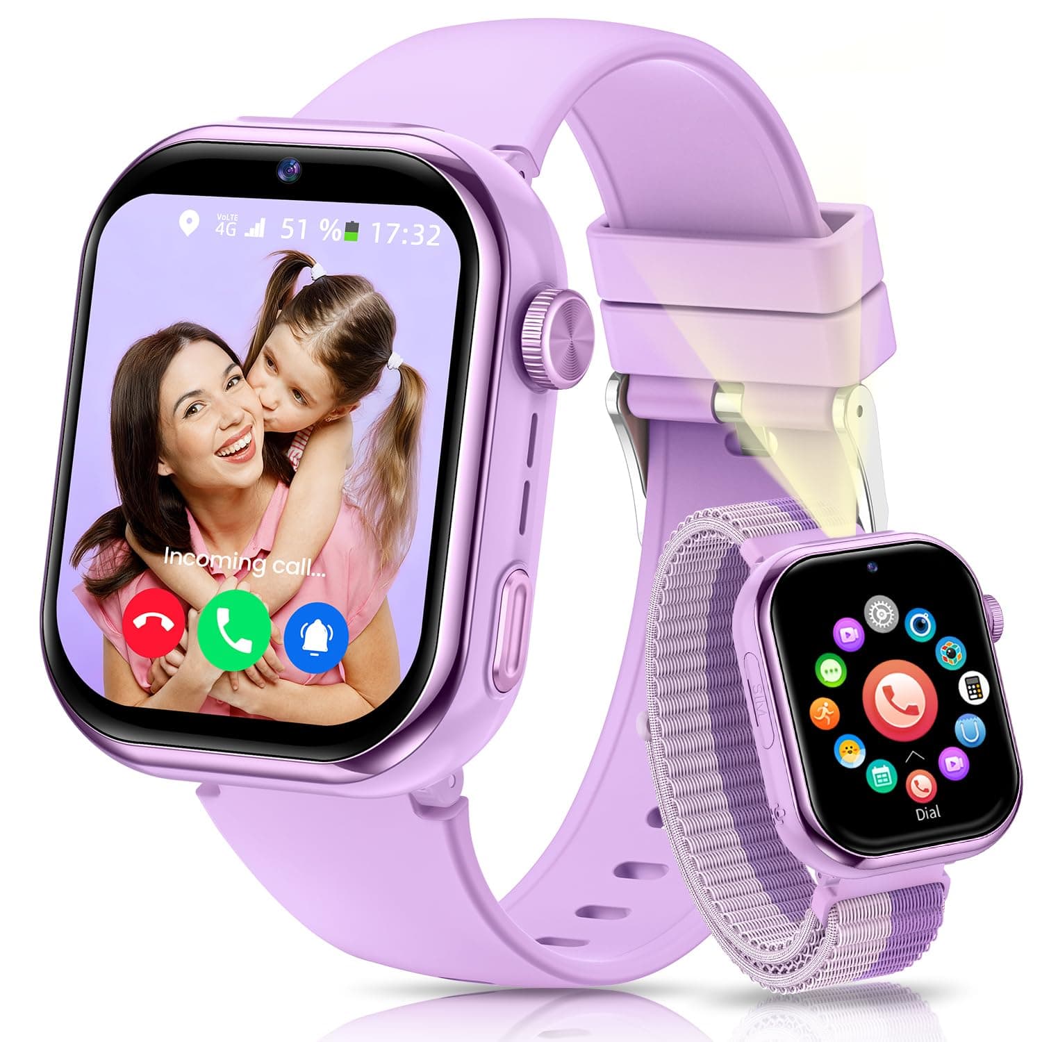 RUXINGX 4G Reloj Inteligente Niño, Smartwatch Niños con GPS, llamadas, IP68 Impermeable, Doble Cámara, Chat de Voz, Linterna, Modo Escuela, Podómetro, Despertador Reloj Inteligente Niñas Niños Púrpura