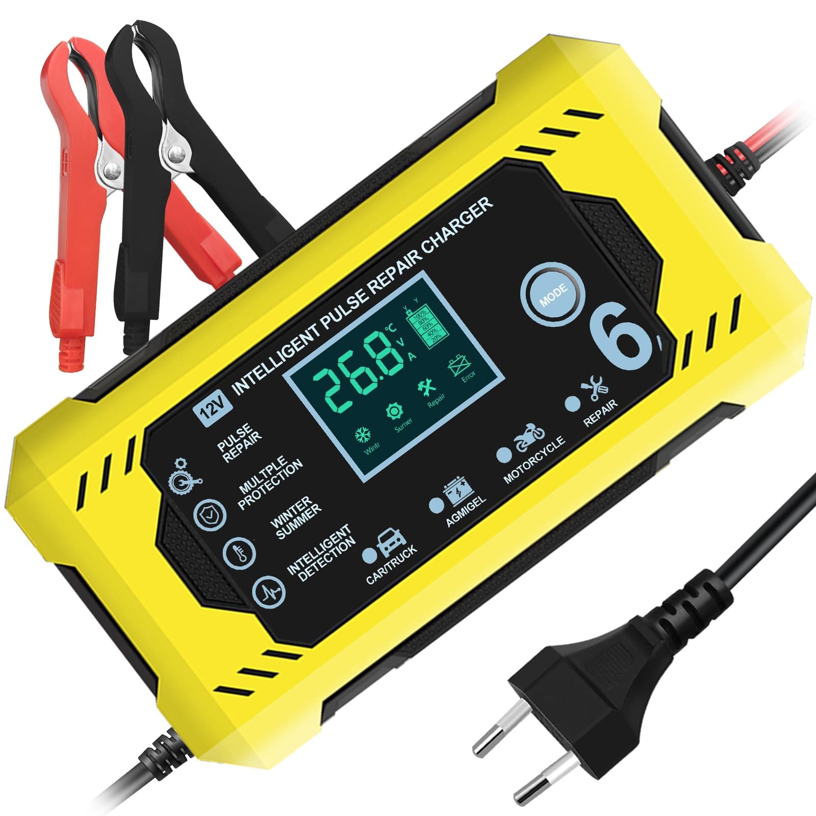 Caricabatterie per Auto, YOYOPOW Carica Batteria Manutentore per Auto e Moto 6A/12V Caricatore Portatile con Intelligente Schermo LCD per Caricare e Riparare Batterie al Piombo-Acido