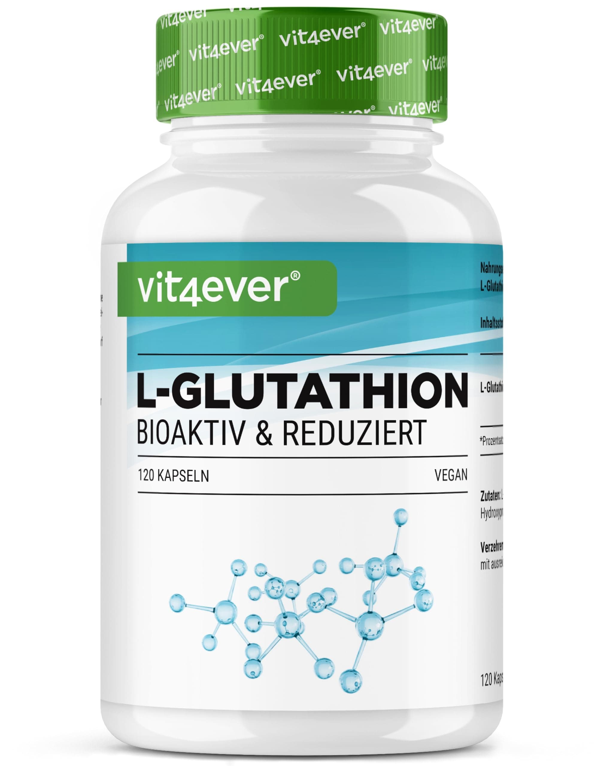 vit4ever L-Glutathion - 120 Kapseln mit 500 mg je Kapsel - Premium: Reduziertes & bioaktives Glutathion aus Fermentation - Hochdosiert - Vegan