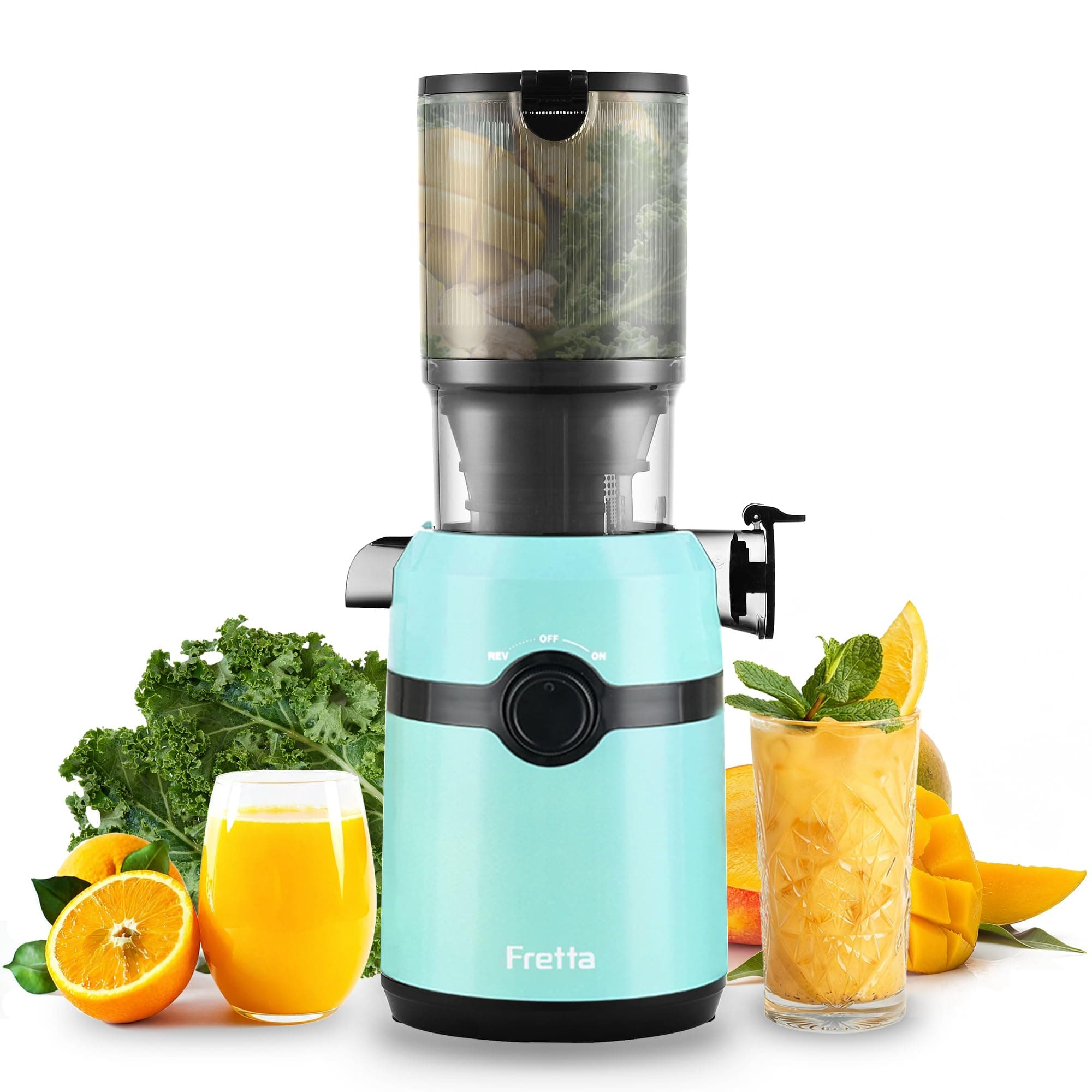 Fretta Estrattore frutta e verdura, apertura 108MM e capacità di 1L estrattore di succo, 200W centrifuga Lenta, 99% nutrienti preservati, senza BPA, facile da smontare e pulire