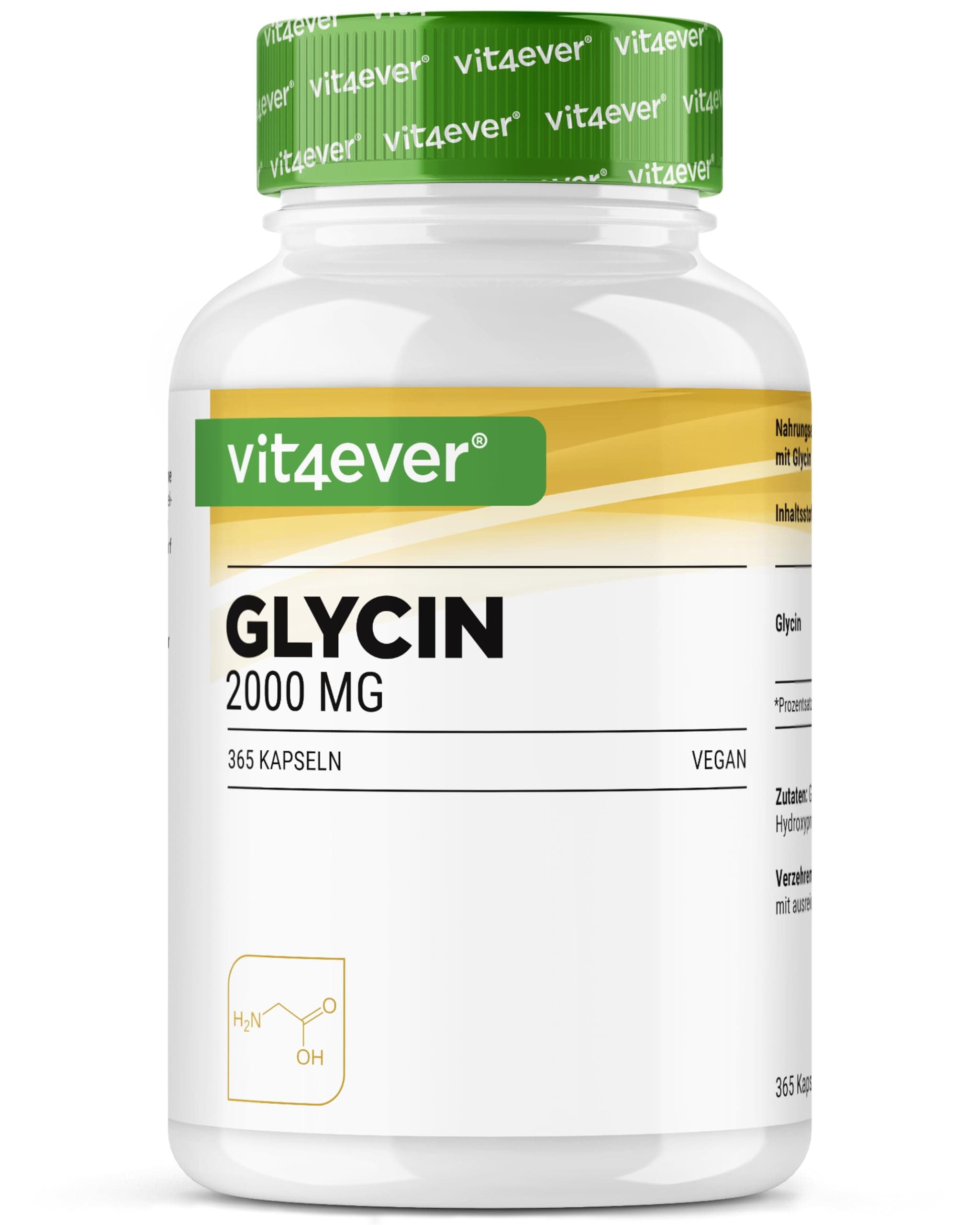 vit4ever Glycin - 365 Kapseln - Hochdosiert mit 2000 mg L-Glycin pro Tagesportion - Besonders hohe Reinheit - Ohne unnötige Zusatzstoffe - Vegan