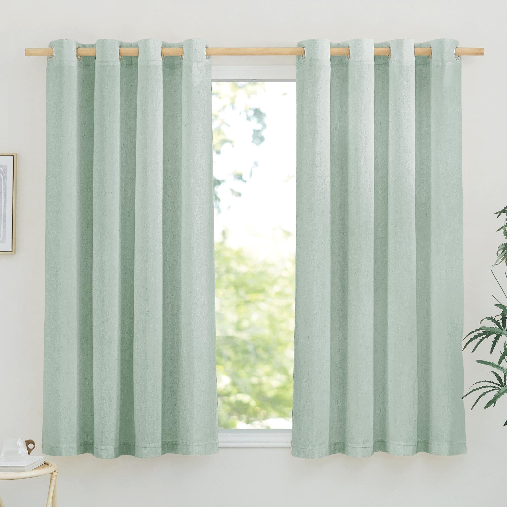 PONY DANCE Kurze Gardinen Halbtransparent Vorhang Leinen Ösenschal 2er Set H 145 x B 140 cm Salbeigrün, Leinenoptik Gardine Boho Style Linen Curtains for Bedroom/Living Room