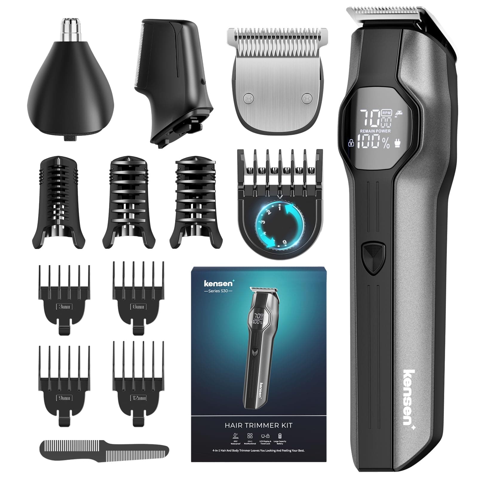 kensen Recortadora de Barba Hombre 4 en 1, Afeitadora Corporal Masculina, Máquina Cortar Pelo, Cortapelos Nariz y Oreja, IPX7 Impermeable Afeitadora Barba con Pantalla LED