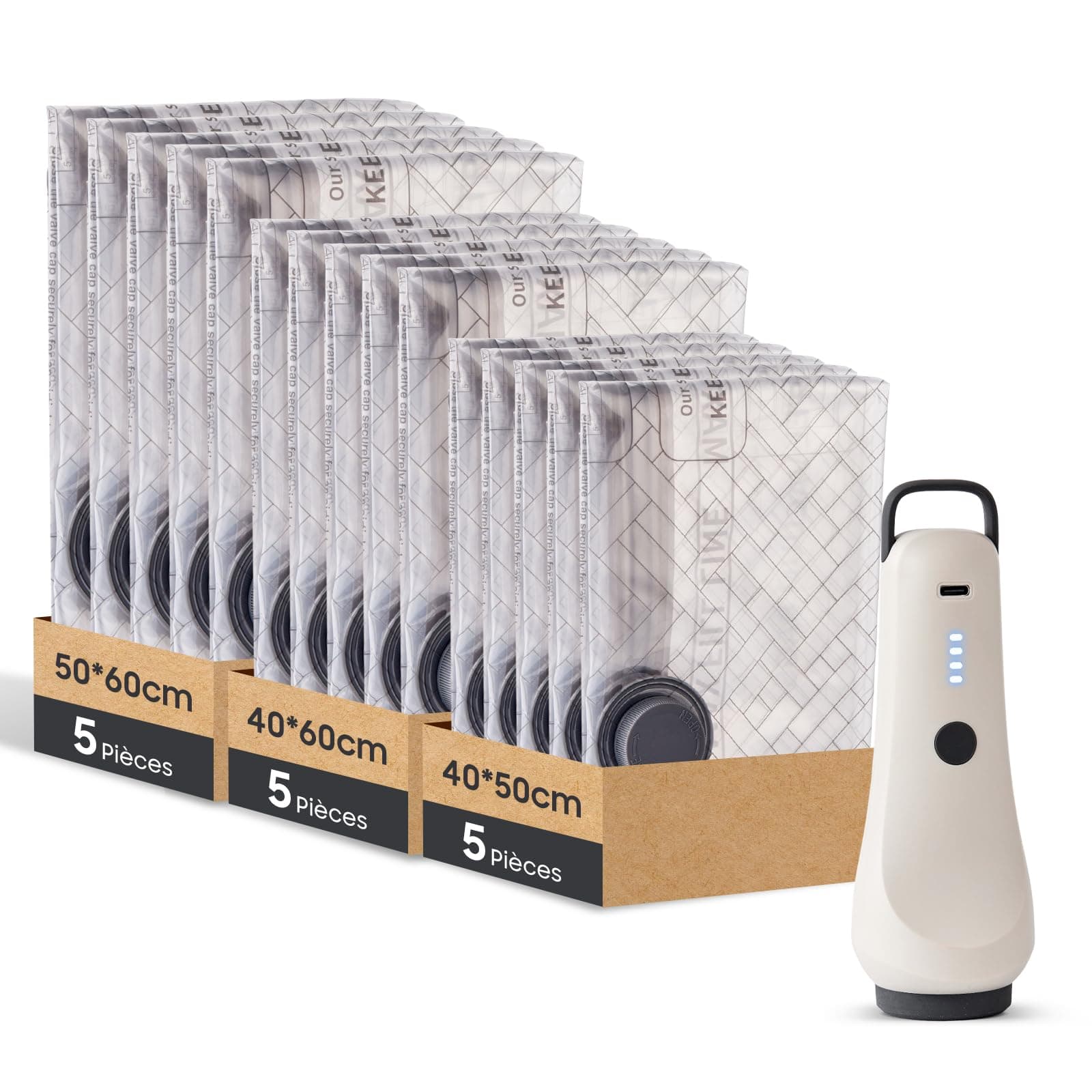 Sacs de compression pour vêtements avec pompe à vide sans fil, idéals pour le rangement gain de place à la maison et en voyage - Lot de 15 sacs (5x 40x50 cm, 5x 40x60 cm, 5x 50x60 cm)